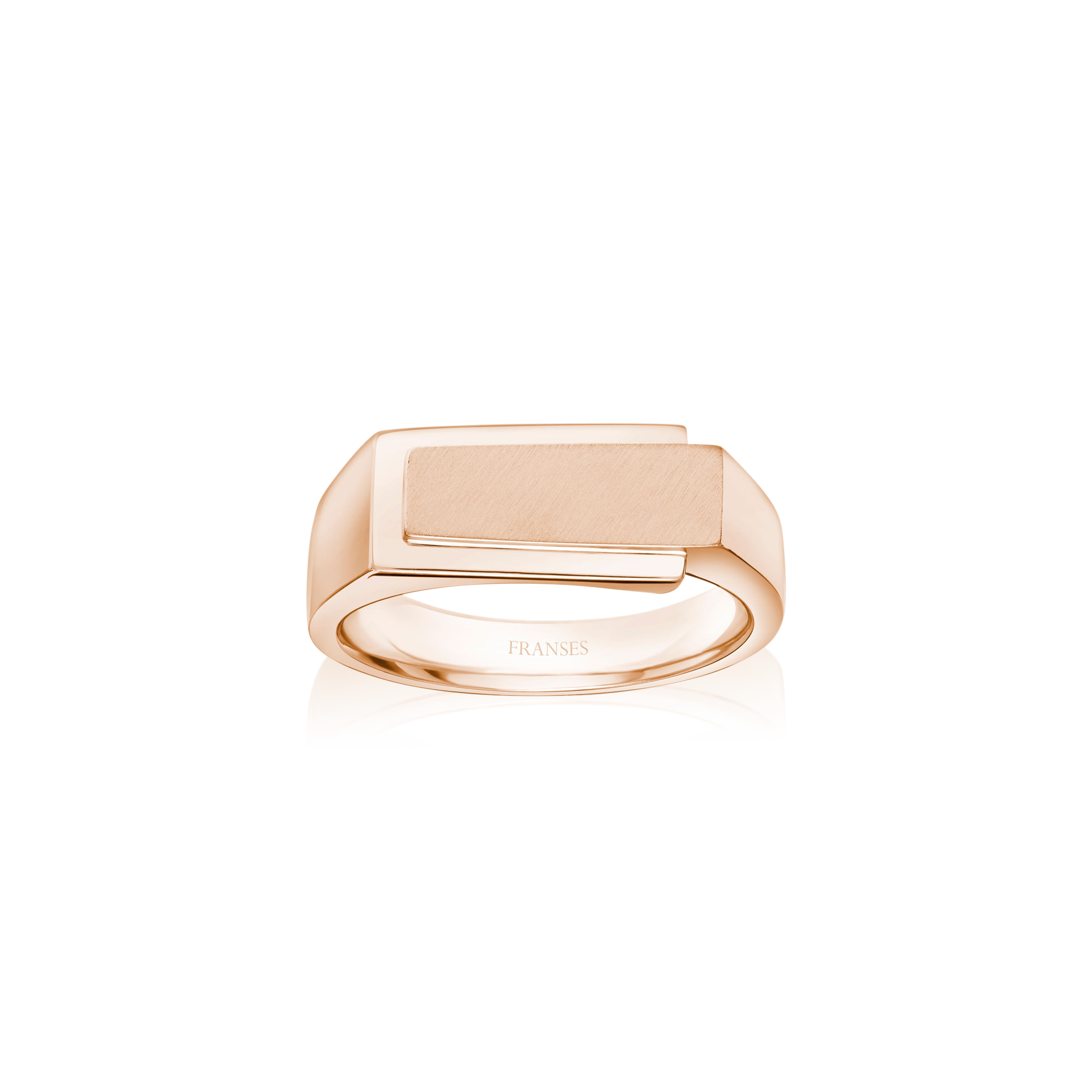 Rose gold ring with a rectangular design on a white background