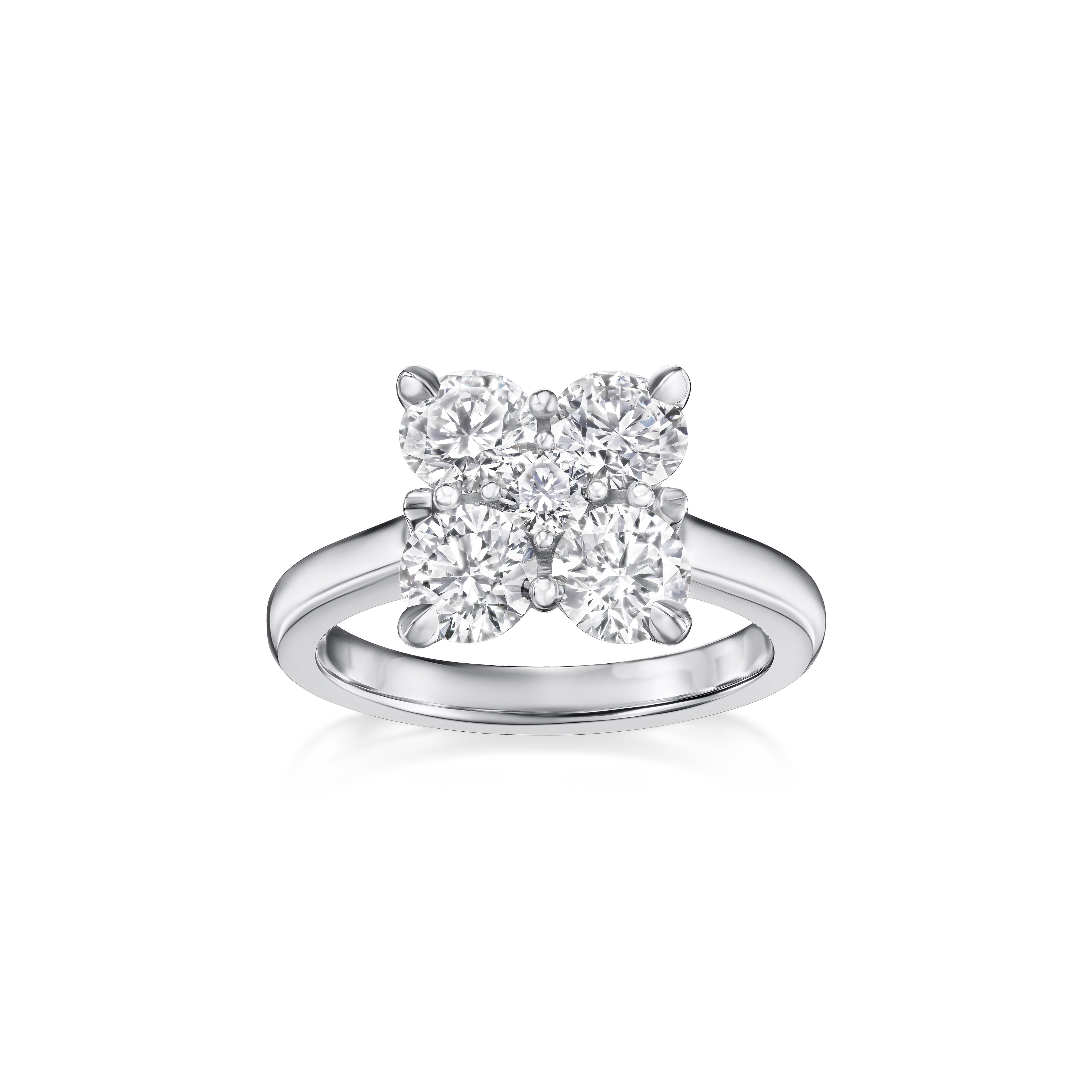 Diamond ring with a butterfly design on a white background