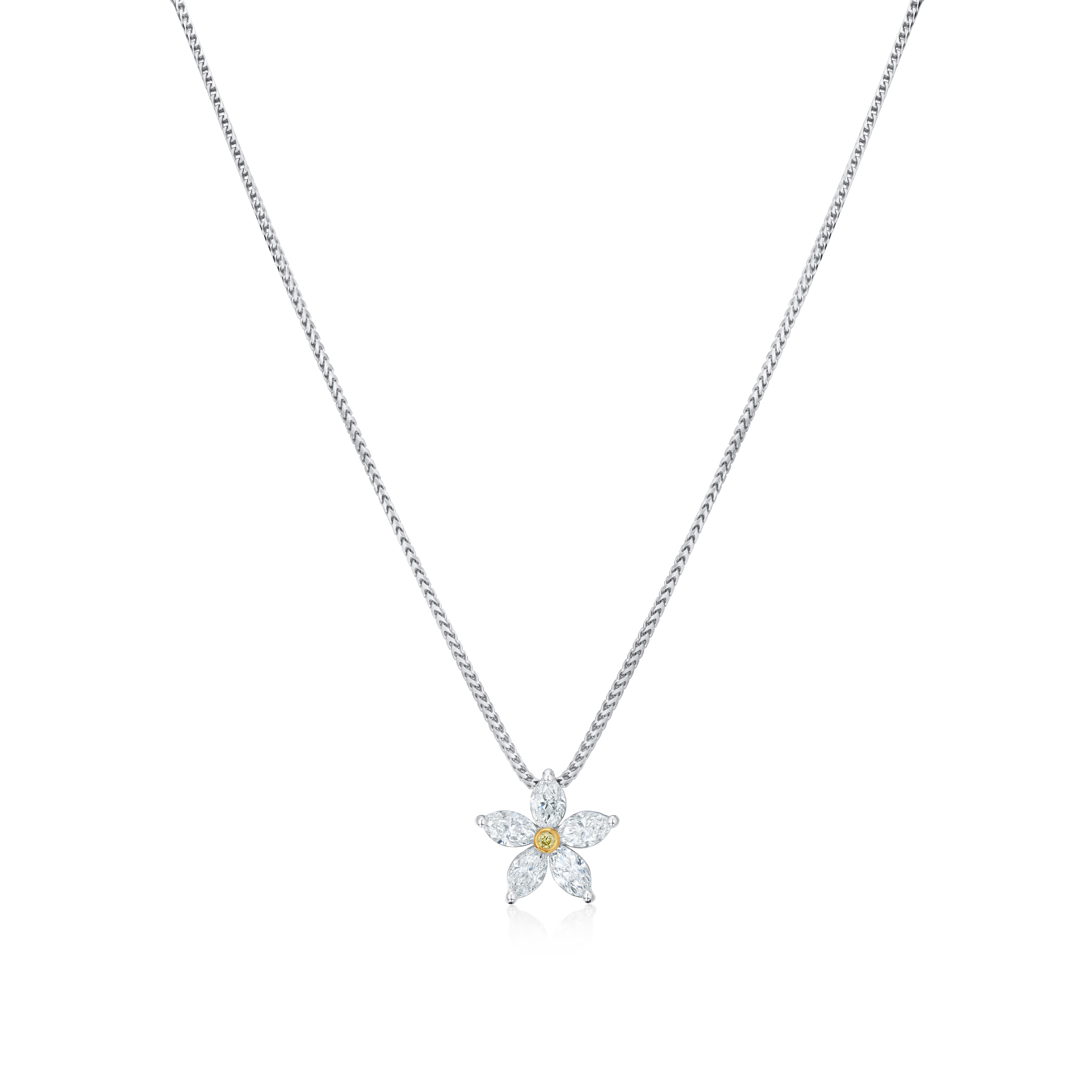 Flower-shaped pendant necklace on a white background