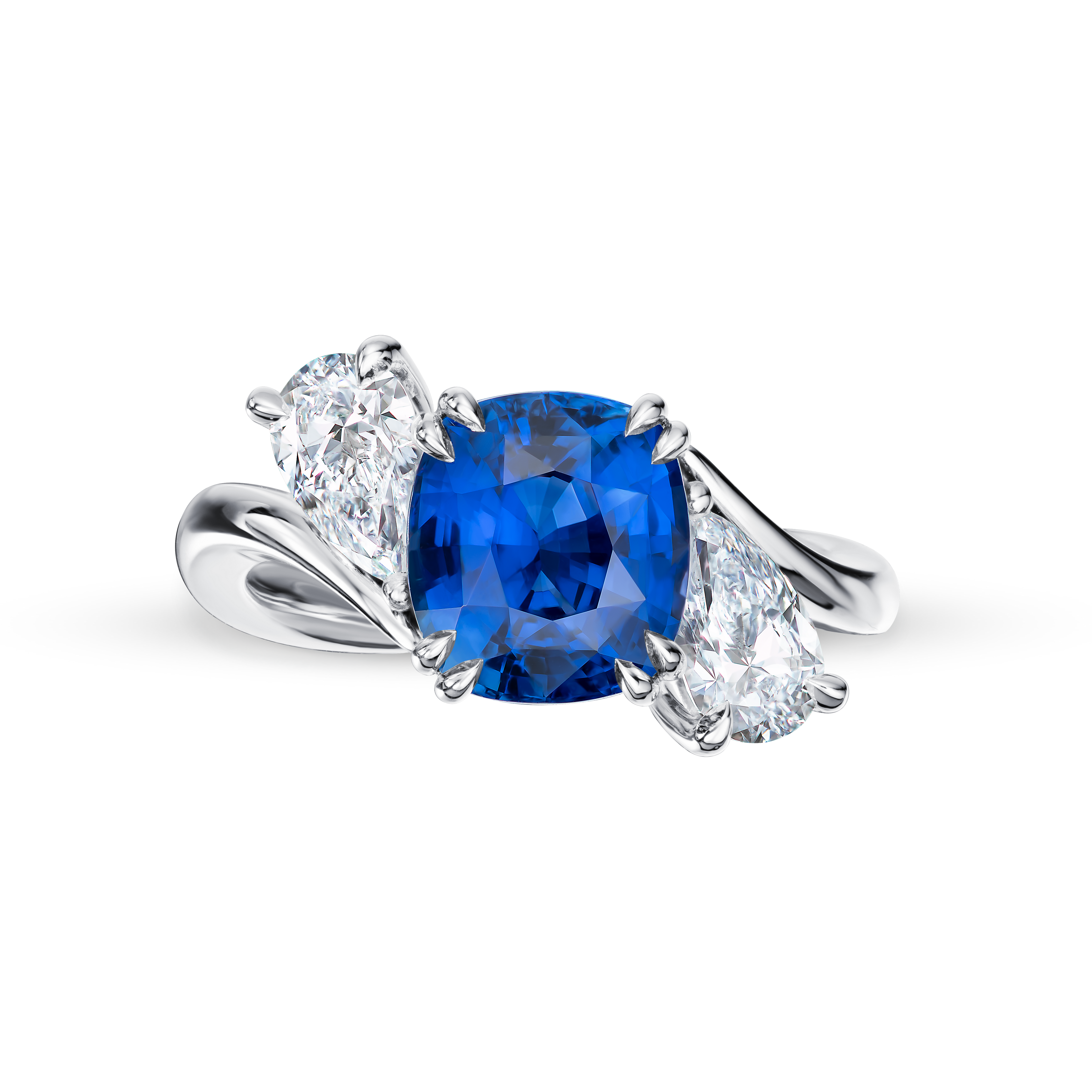 Silver ring with a blue gemstone and two smaller diamonds on a white background