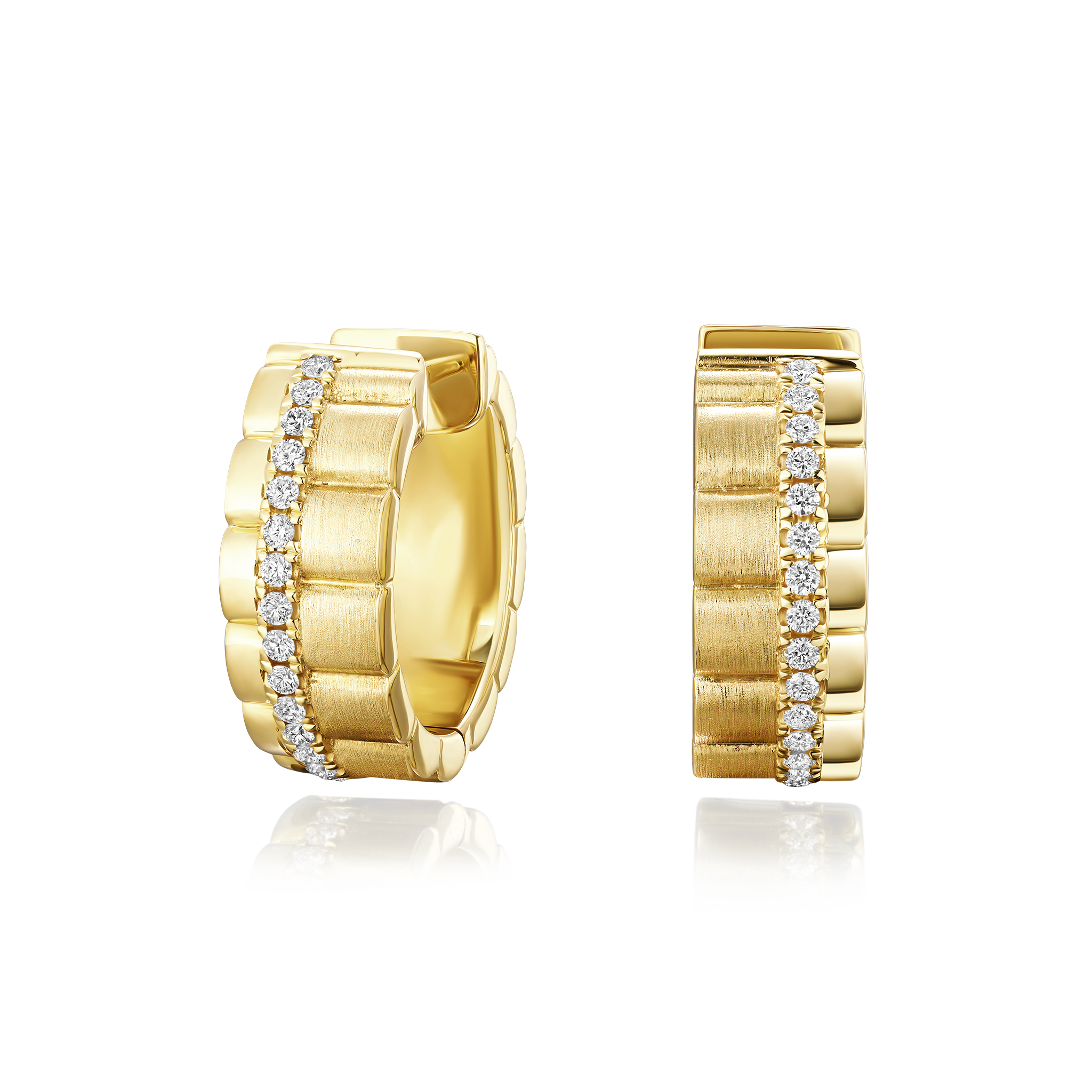 Gold hoop earrings with diamond accents on a white background