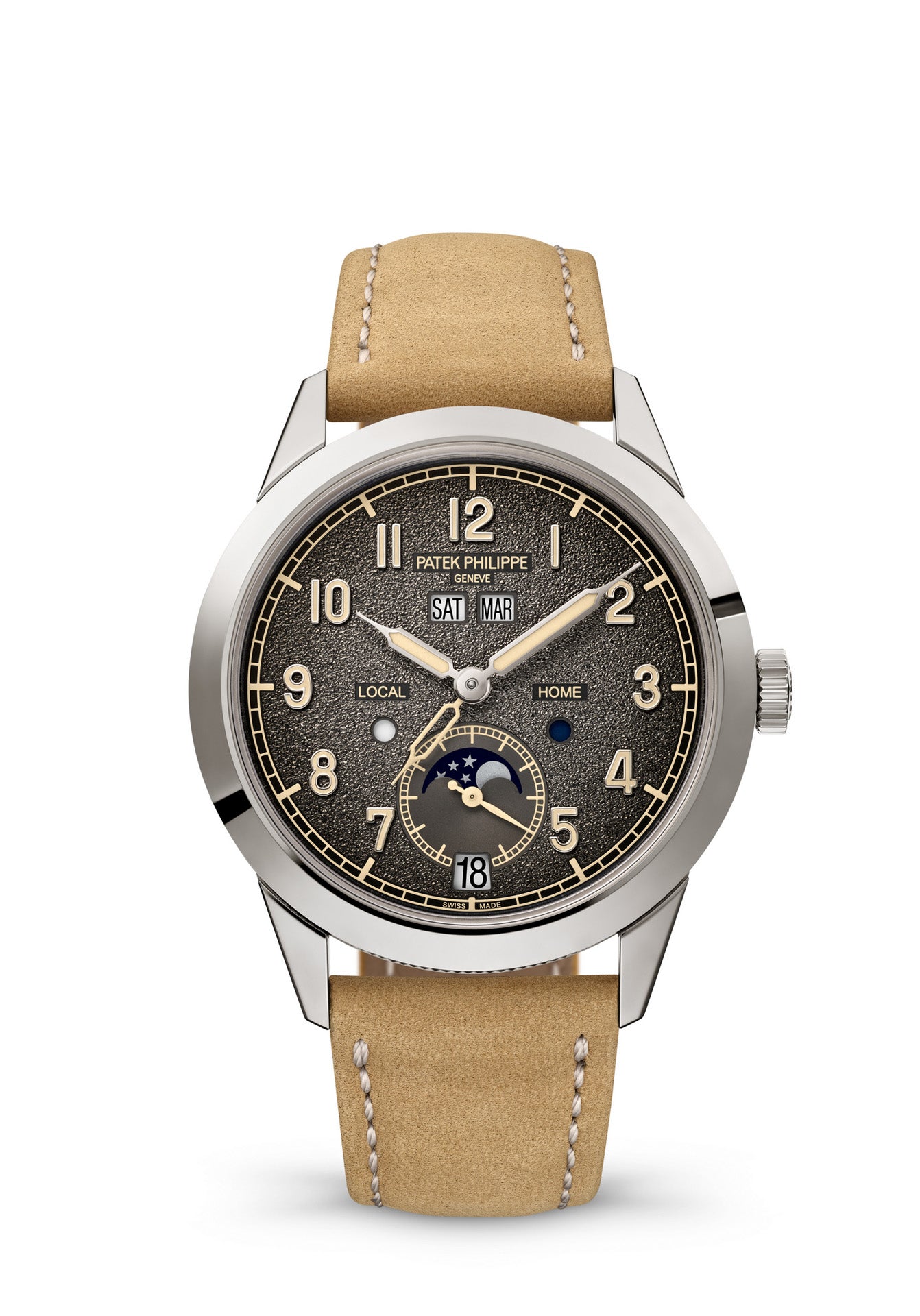 Watch with brown leather strap and dark face on white background