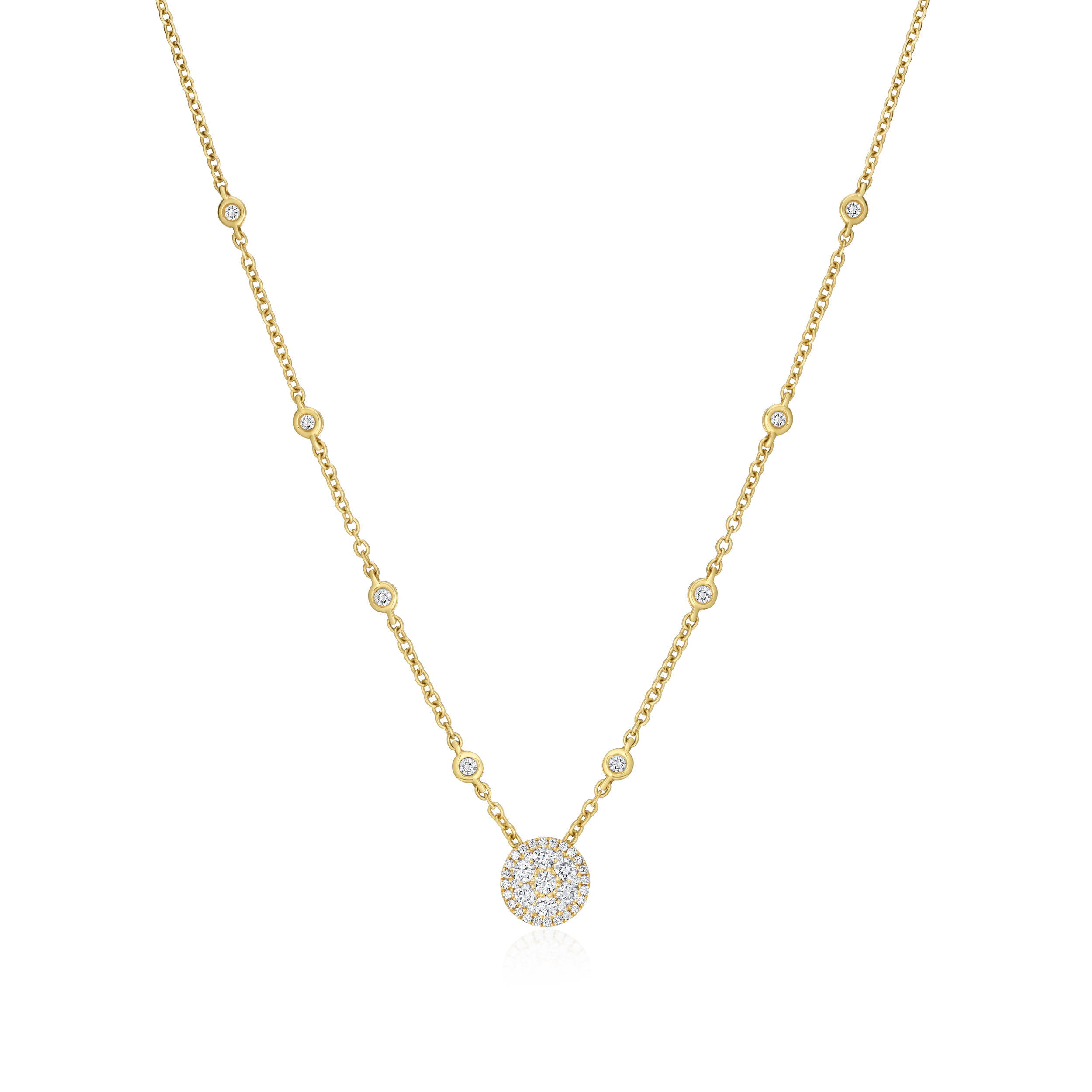 Gold necklace with a round diamond pendant on a white background