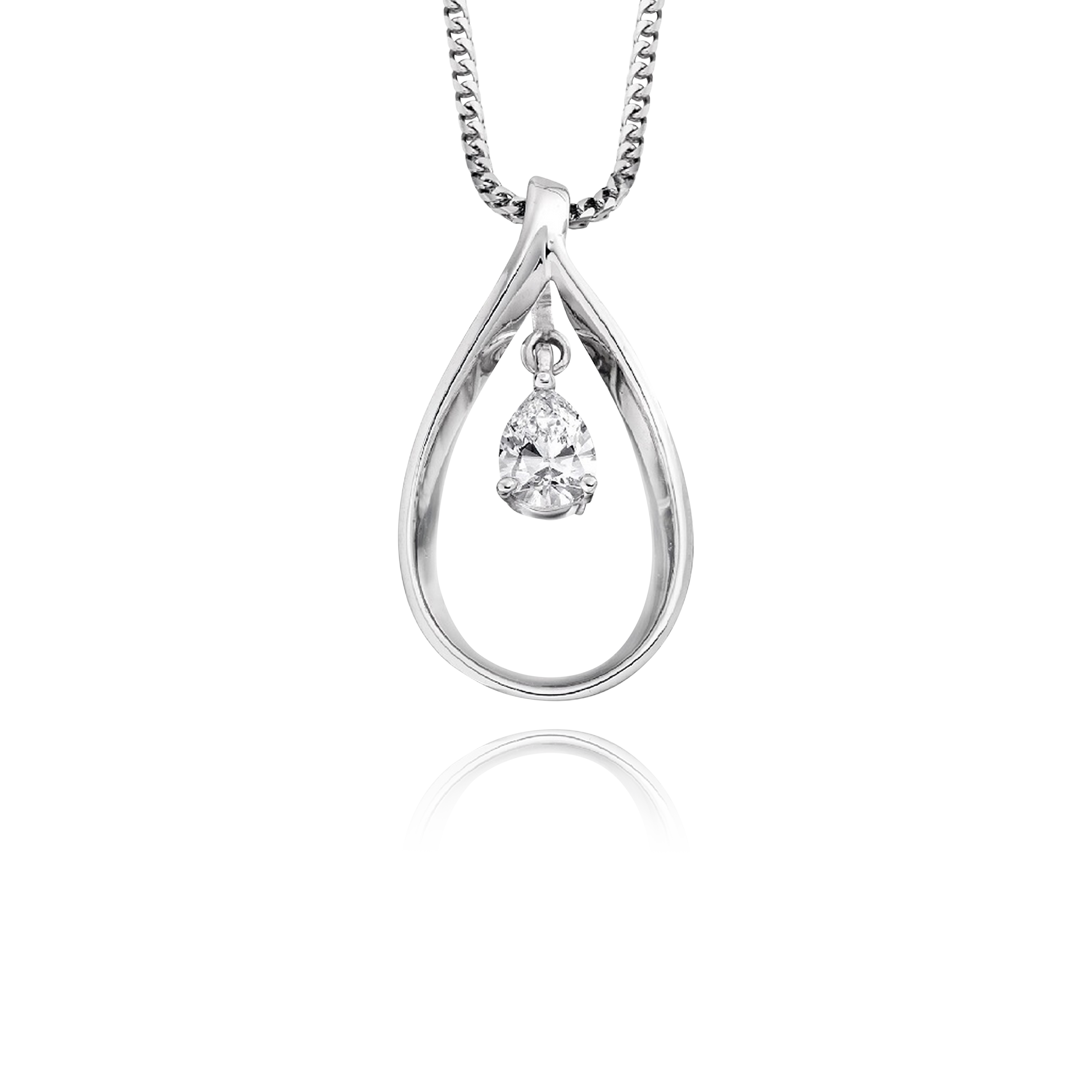 Silver teardrop pendant with a smaller round diamond on a clear background