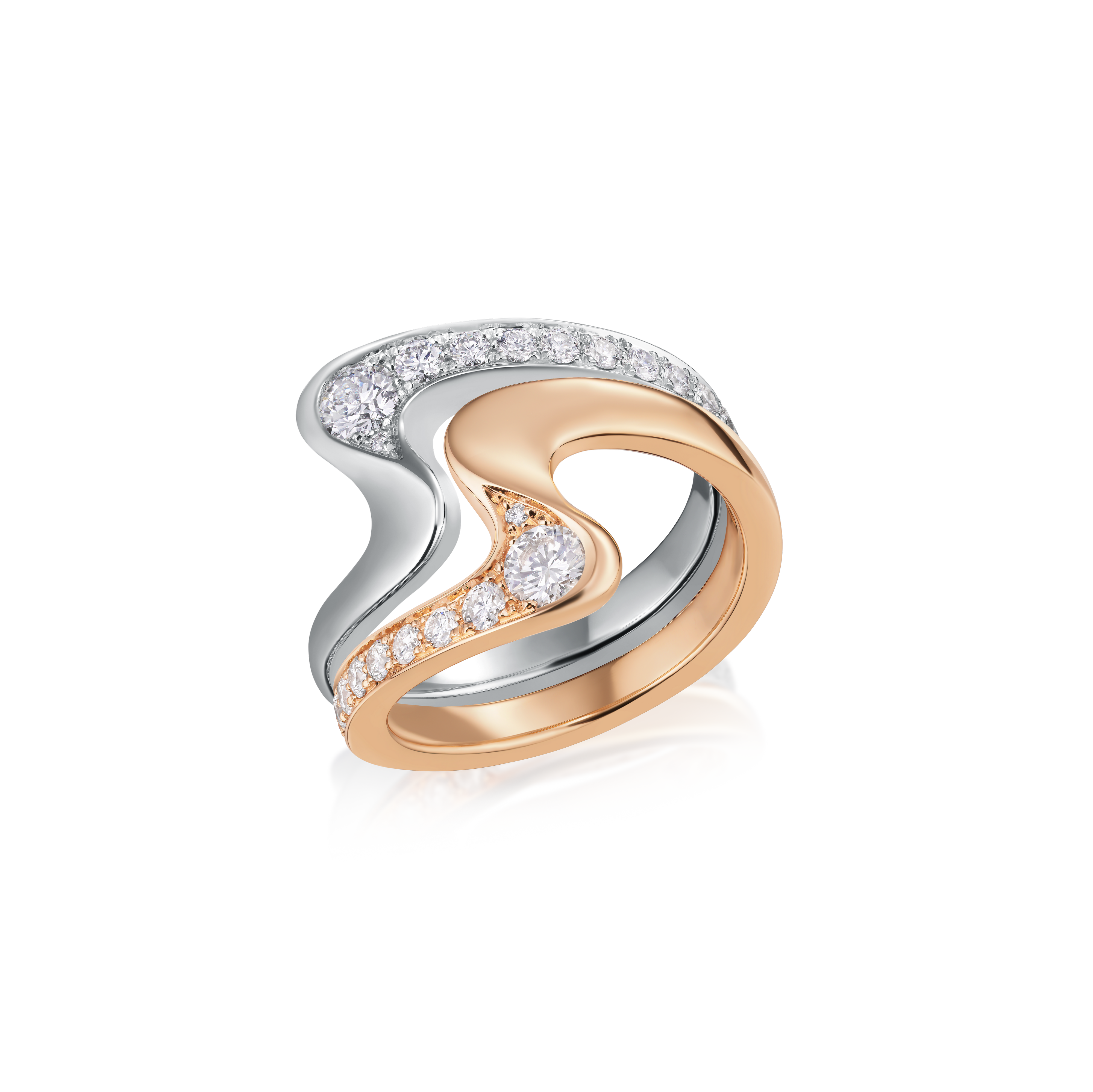 Two-tone ring with diamond accents on a white background