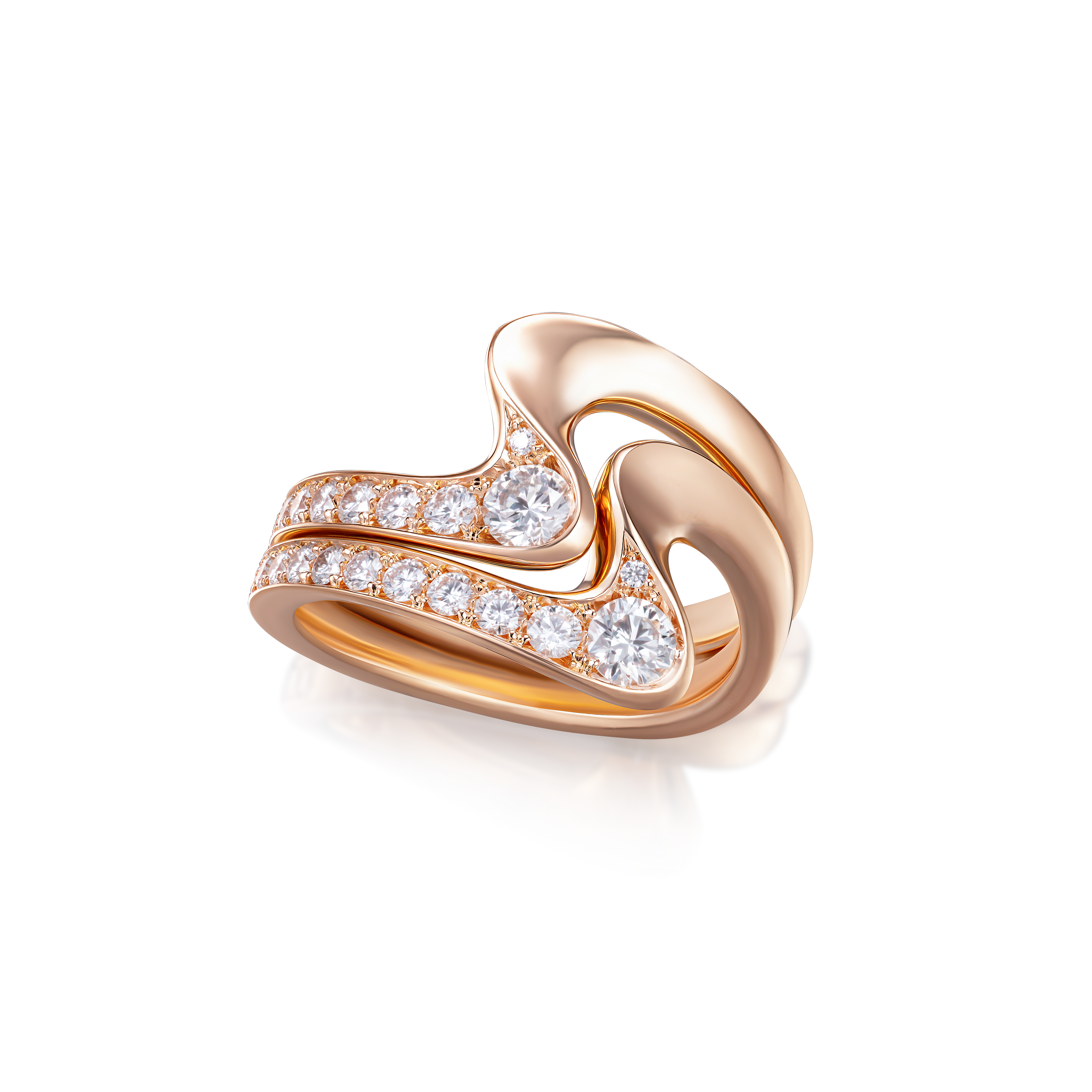 Rose gold ring with diamond accents on a white background