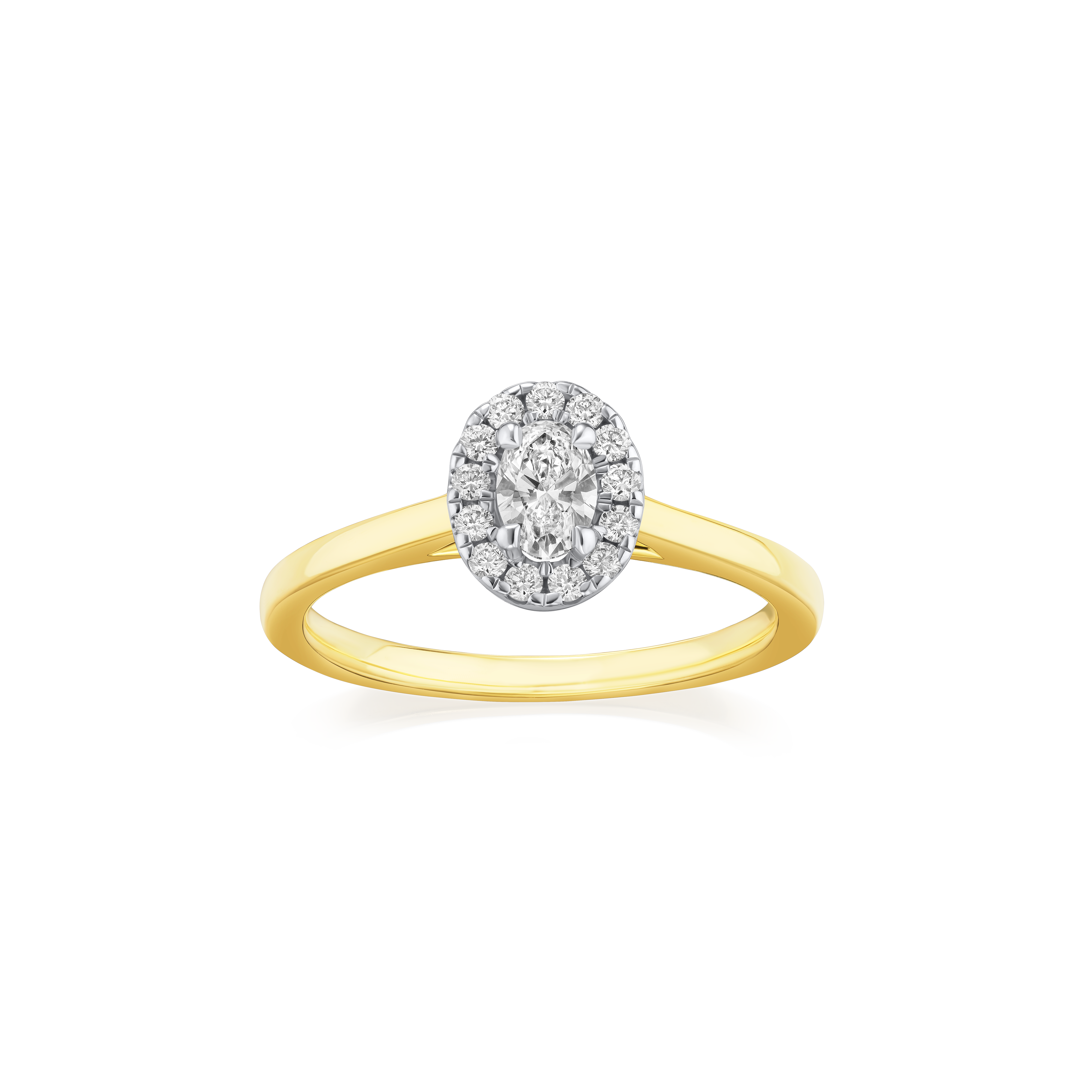 Gold ring with a diamond cluster on a white background