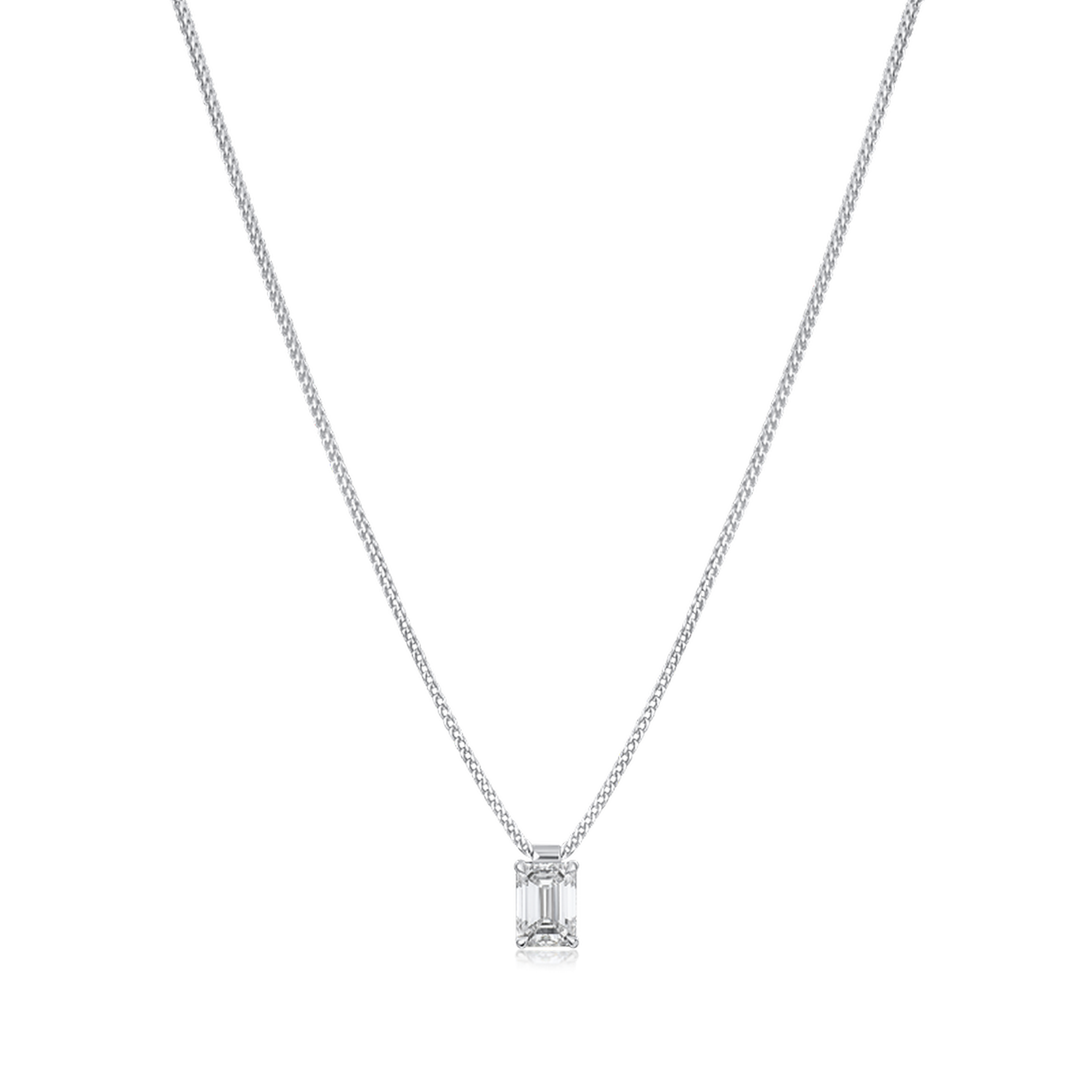 Diamond necklace with a rectangular pendant on a white background