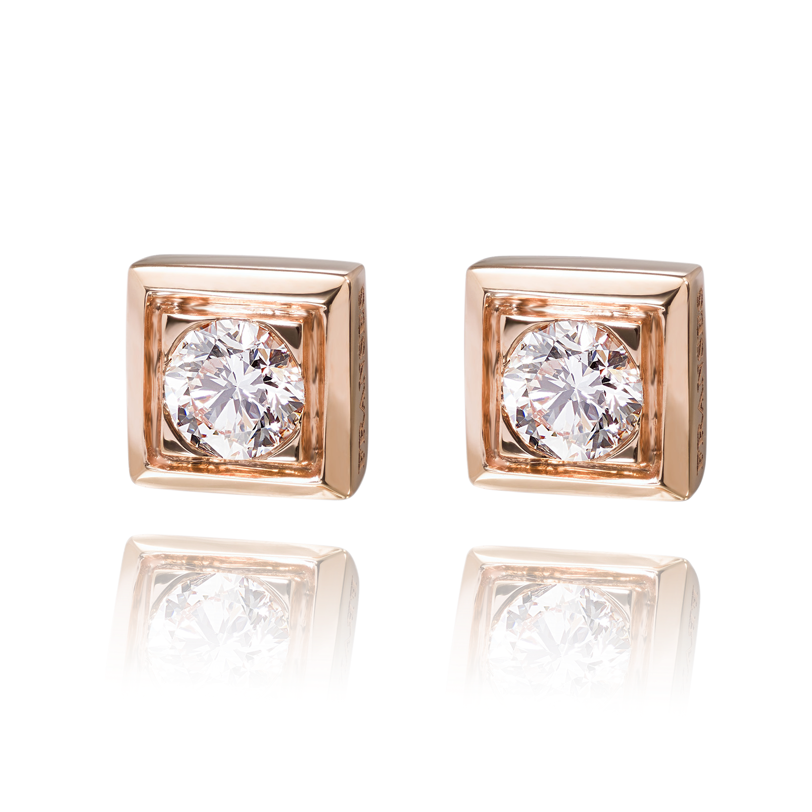Rose gold square-framed stud earrings with clear gemstones on a white background