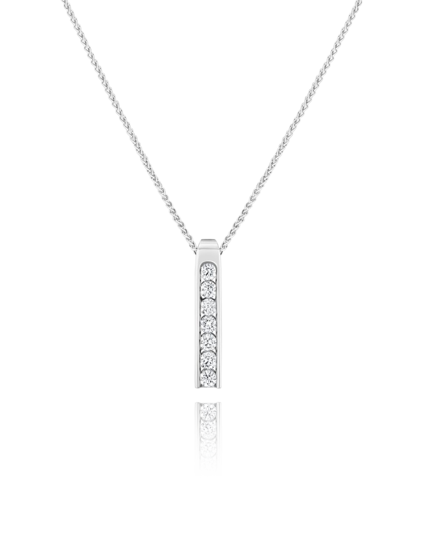 Silver necklace with a bar-shaped pendant on a white background