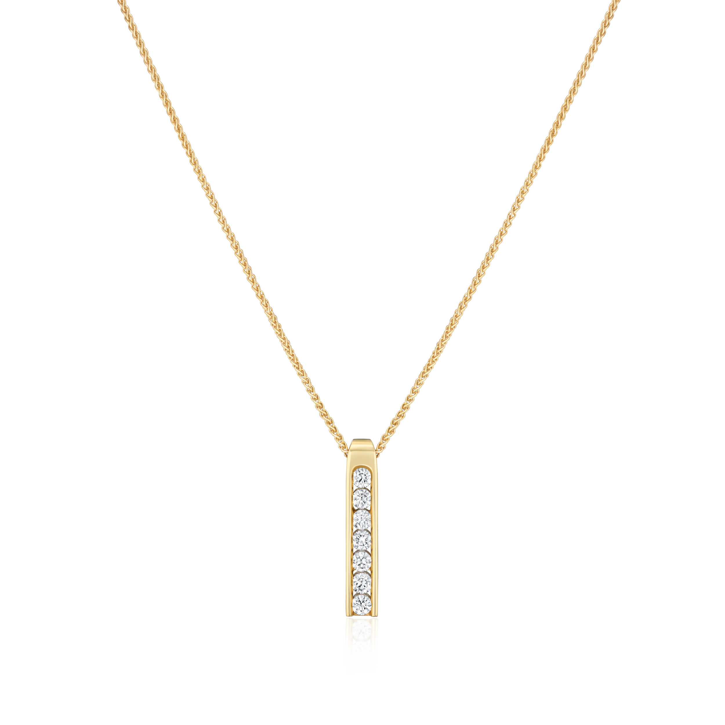 Gold necklace with a bar pendant featuring small diamonds on a white background