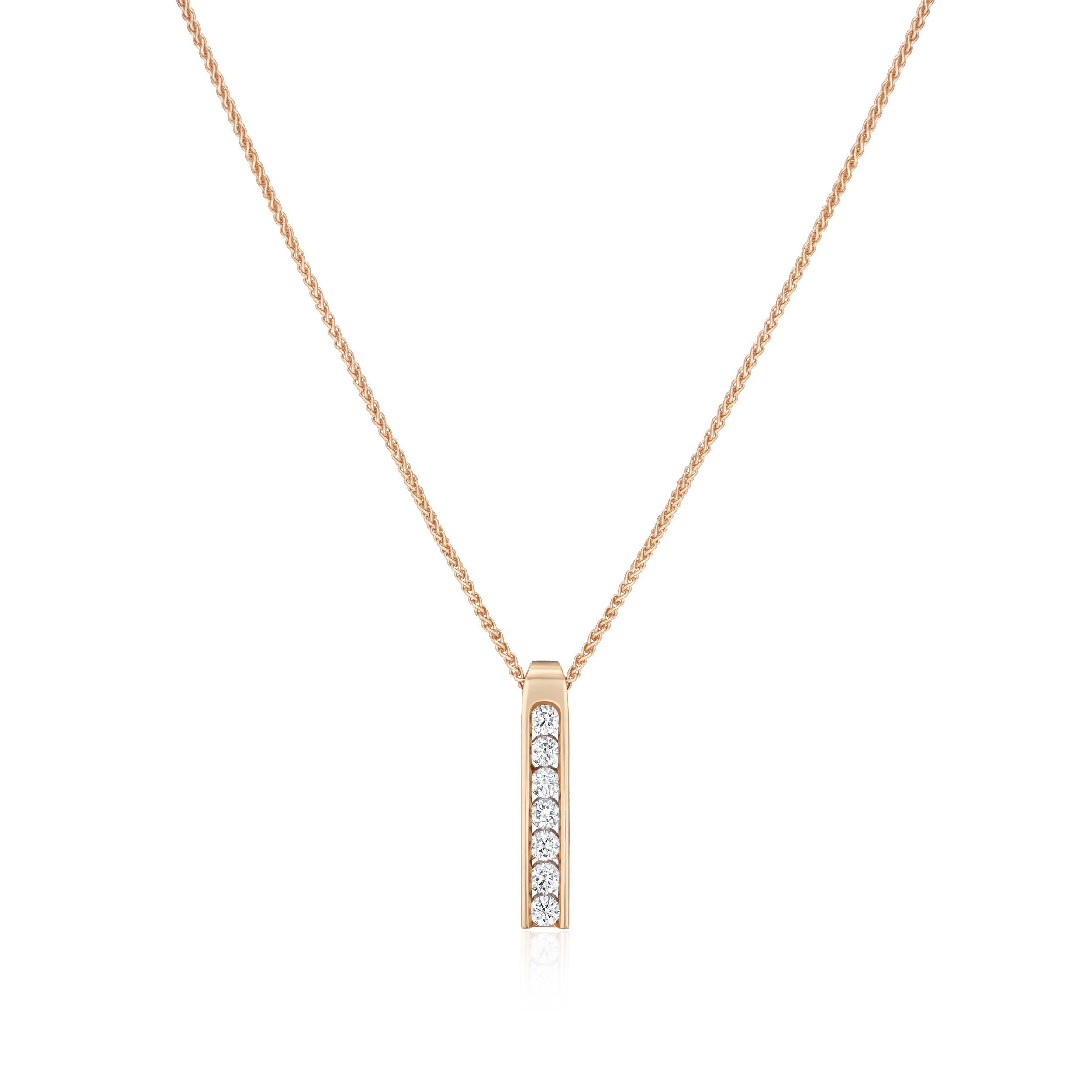 Rose gold necklace with a bar pendant on a white background