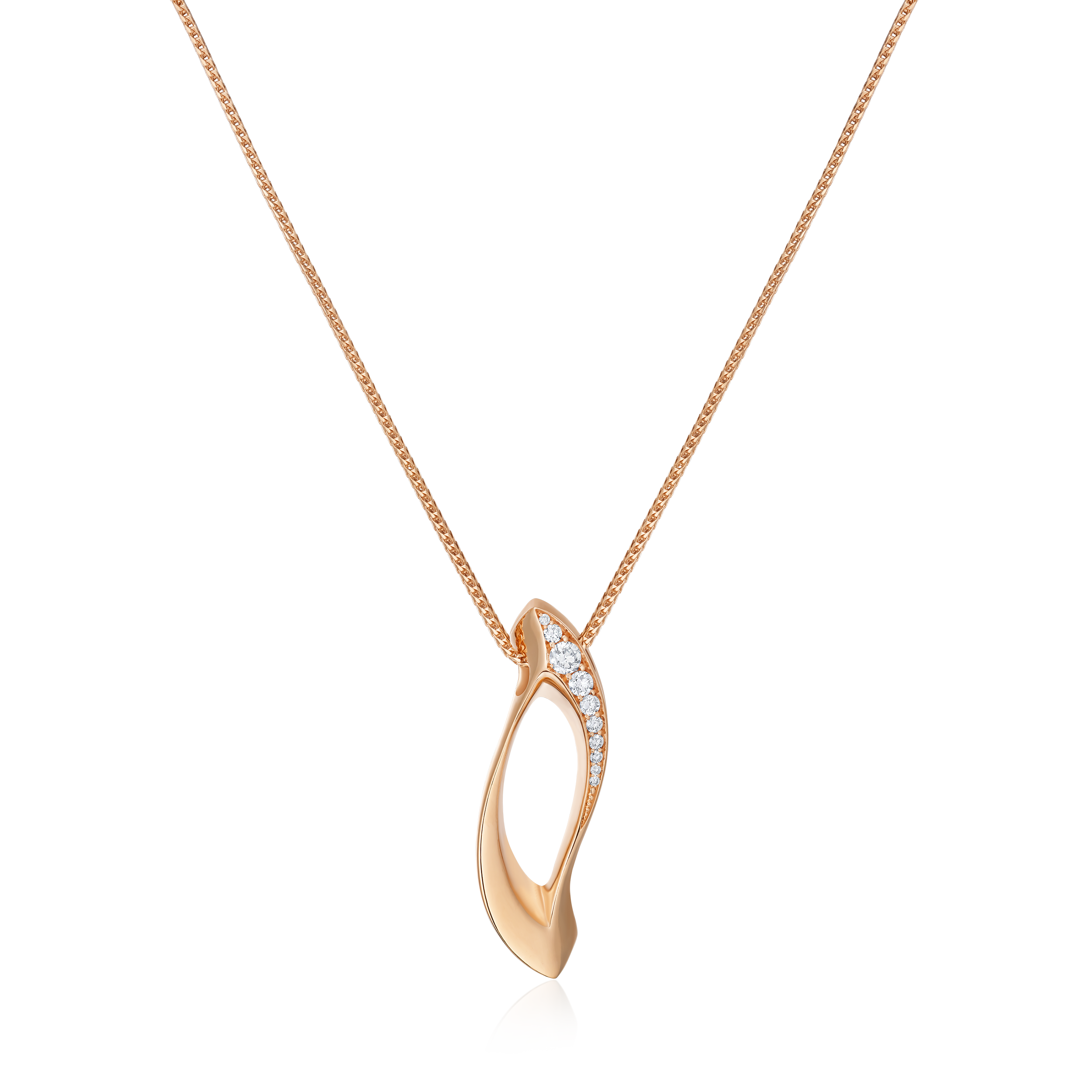 Rose gold necklace with a diamond pendant on a white background