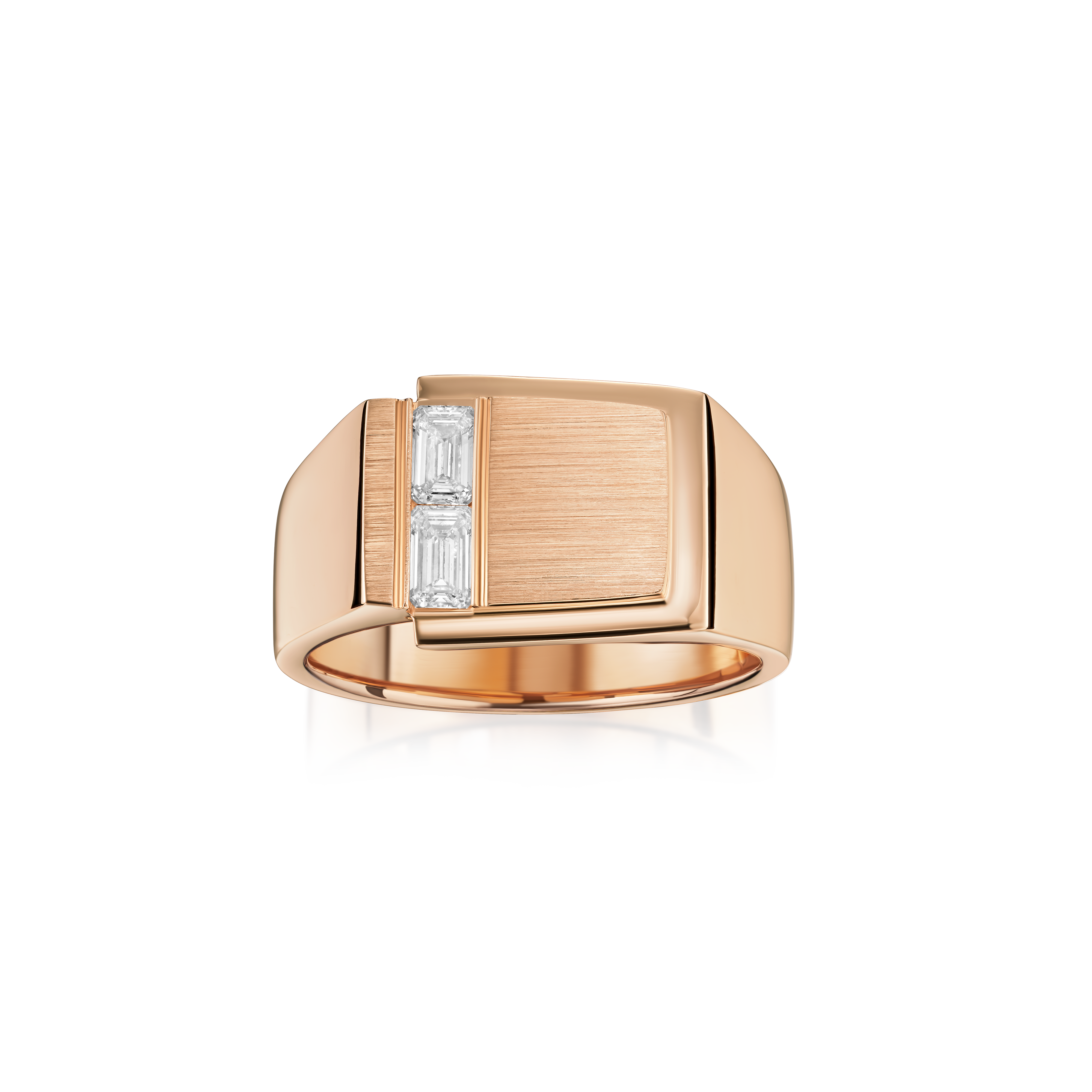 Rose gold ring with diamond accents on a white background