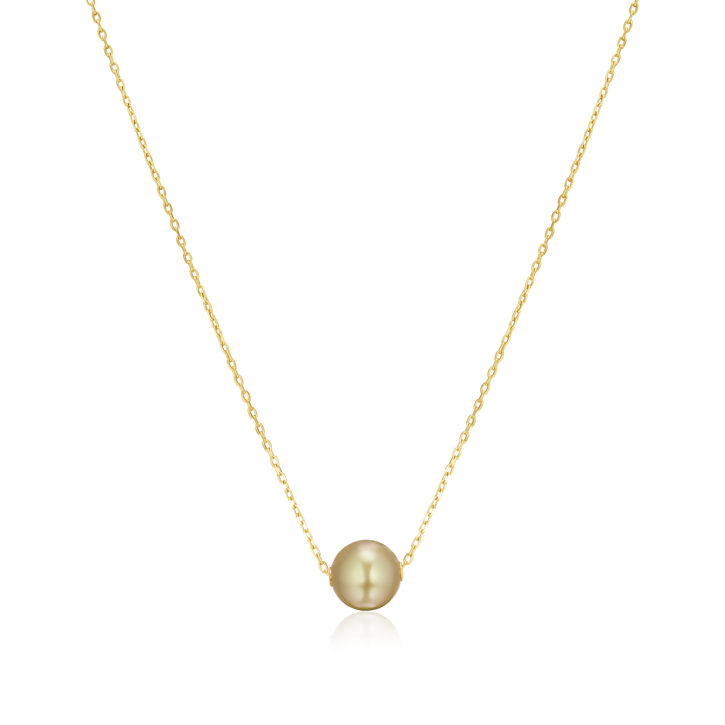 Gold necklace with a single pearl pendant on a white background