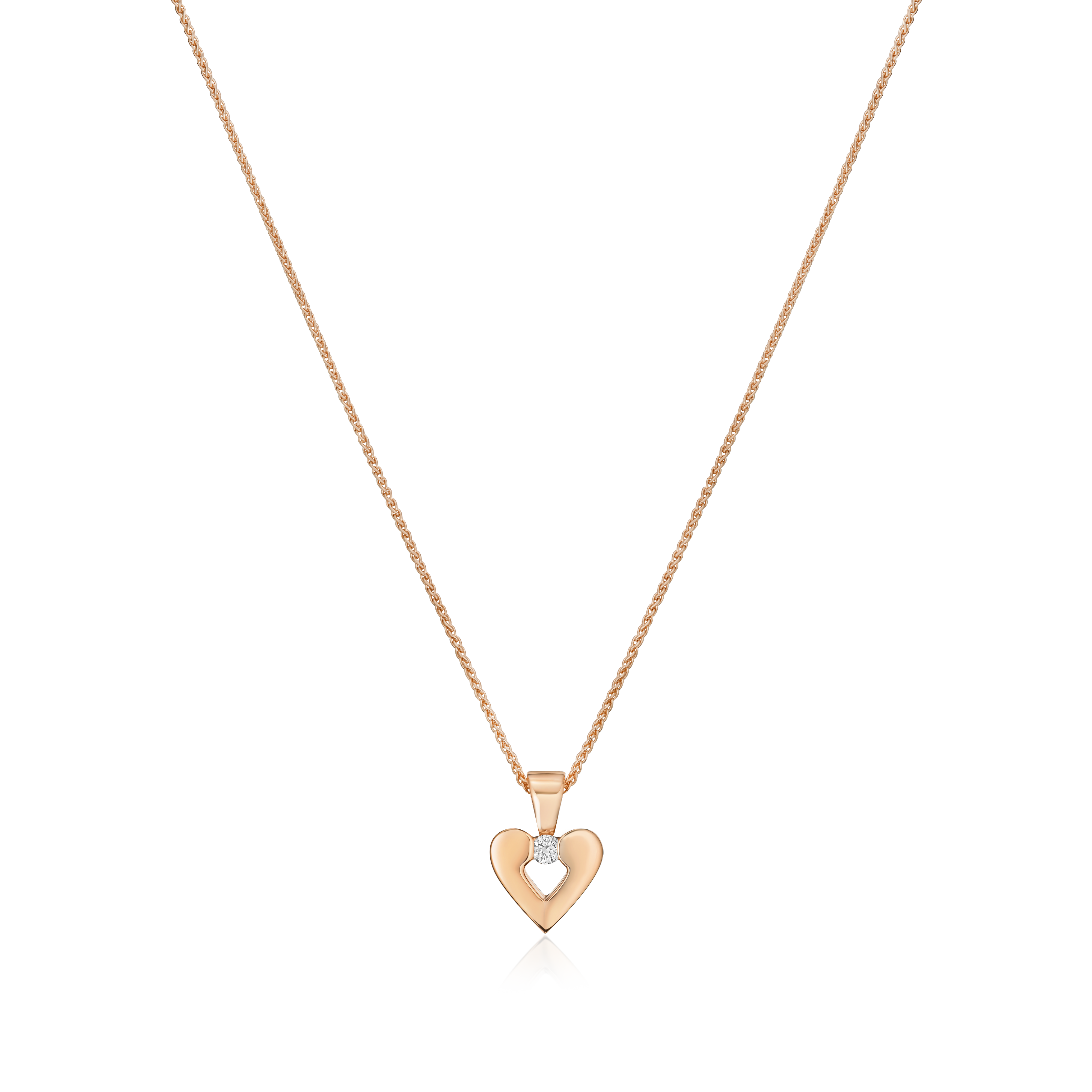 Rose gold heart-shaped pendant necklace on a white background