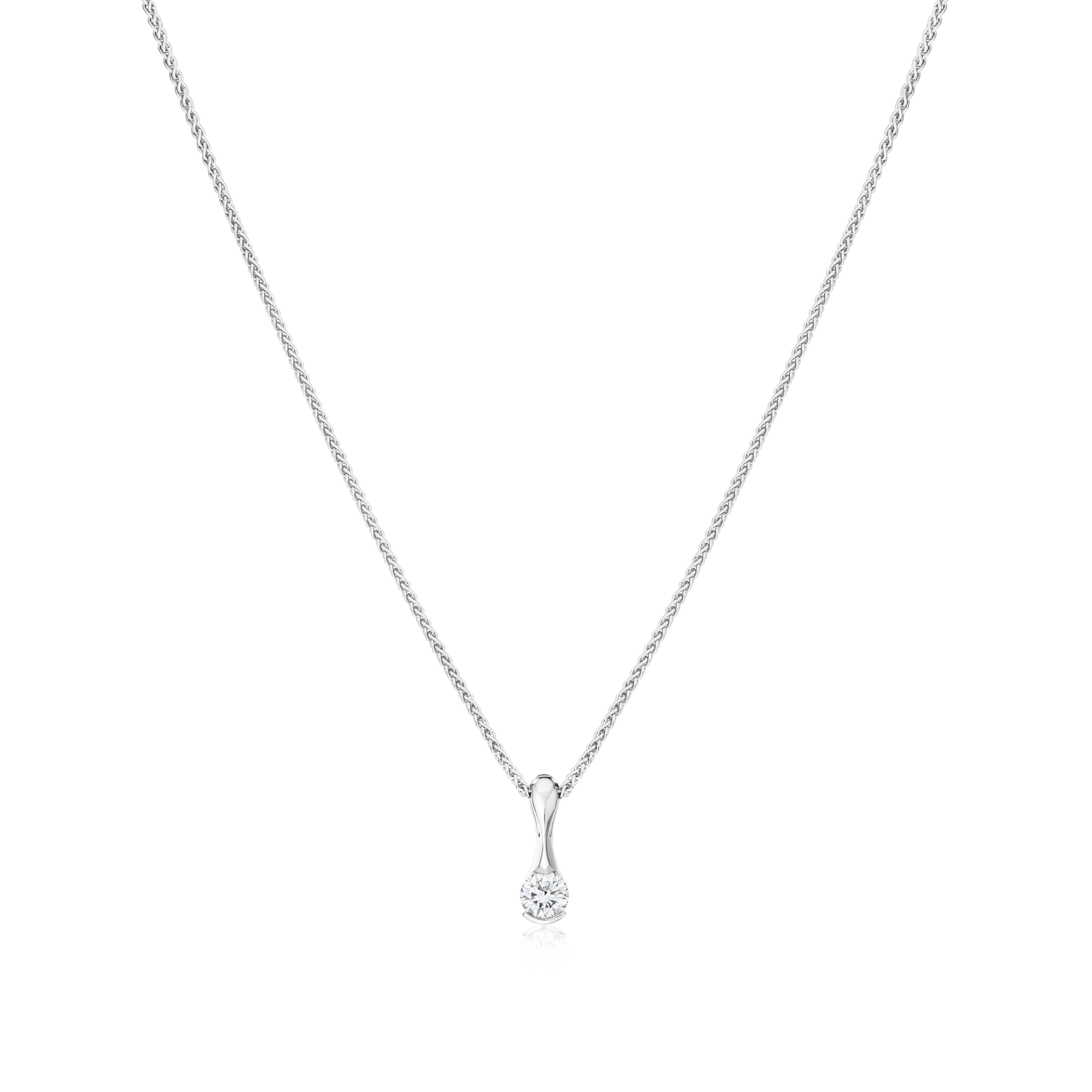Silver necklace with a small pendant on a white background