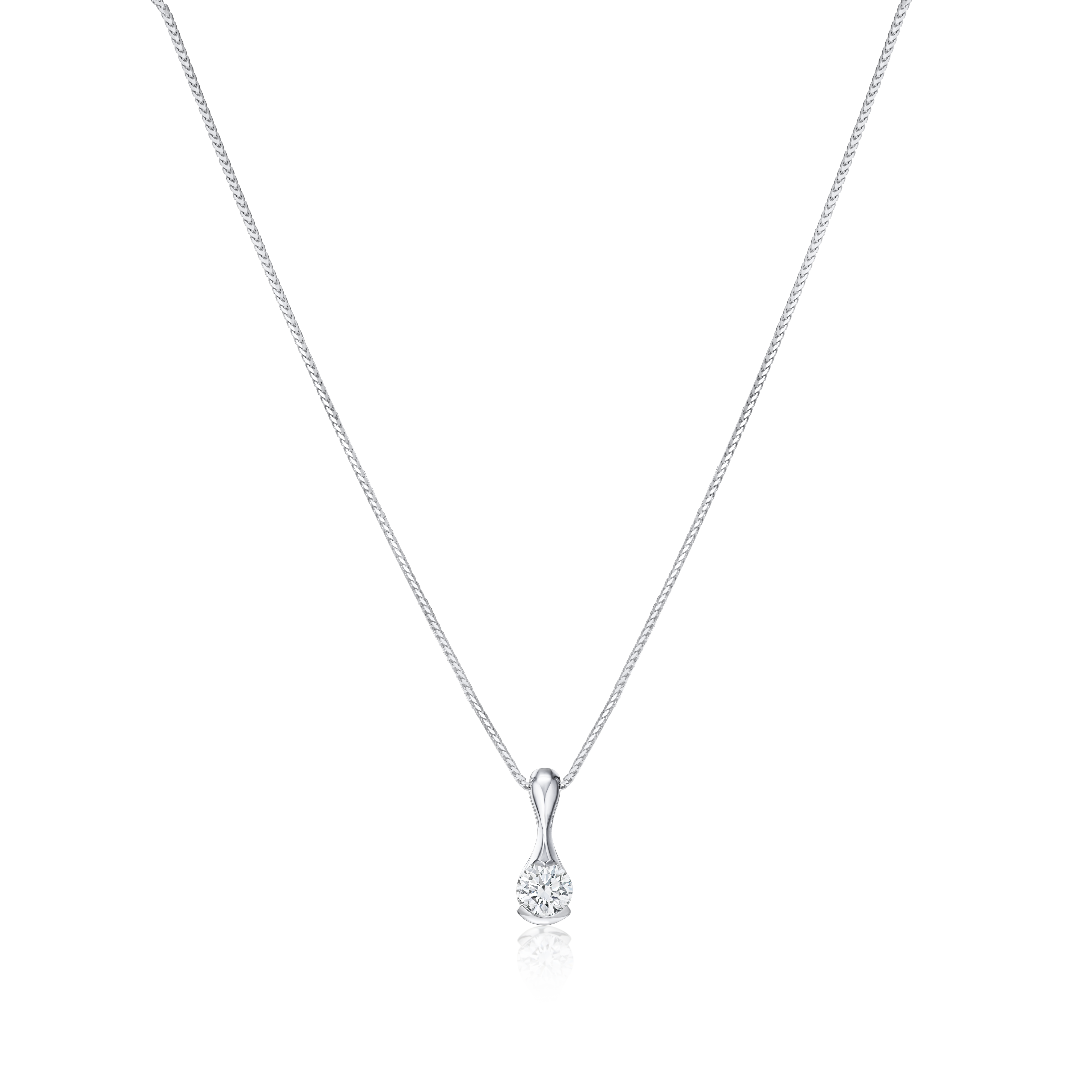 Silver necklace with a diamond pendant on a white background