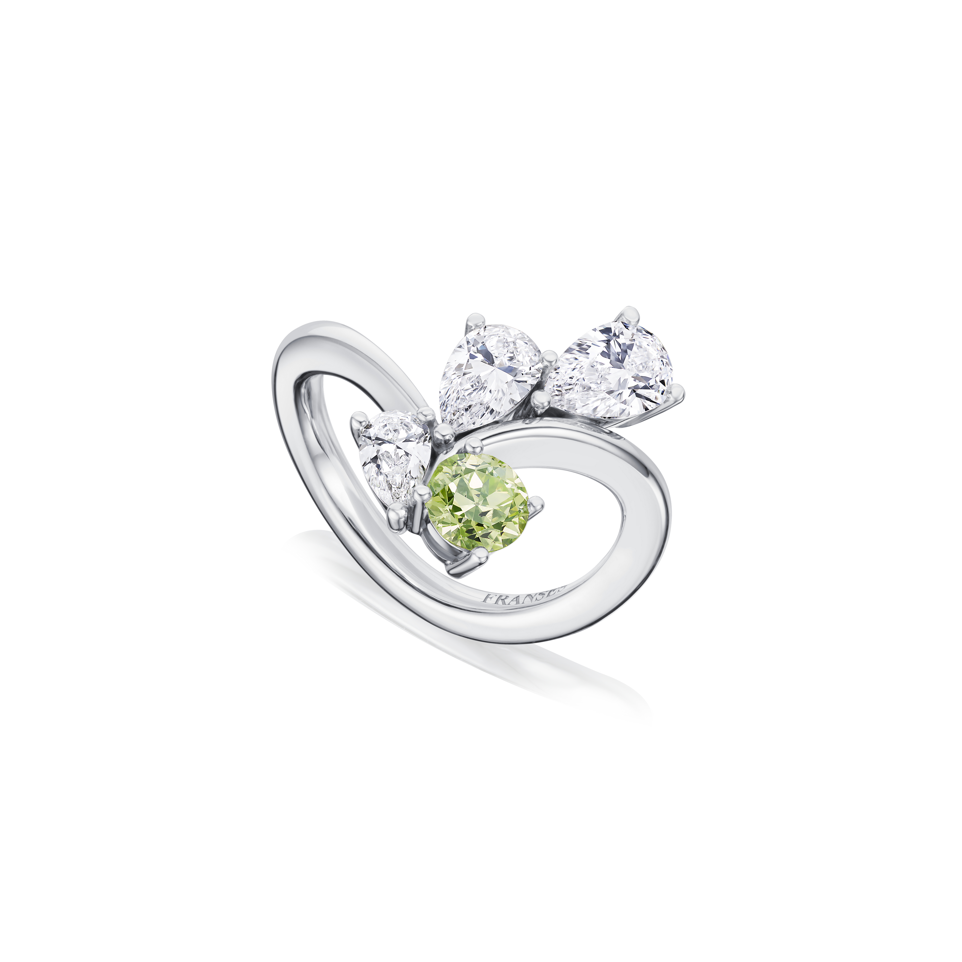 Silver ring with a green gemstone on a white background