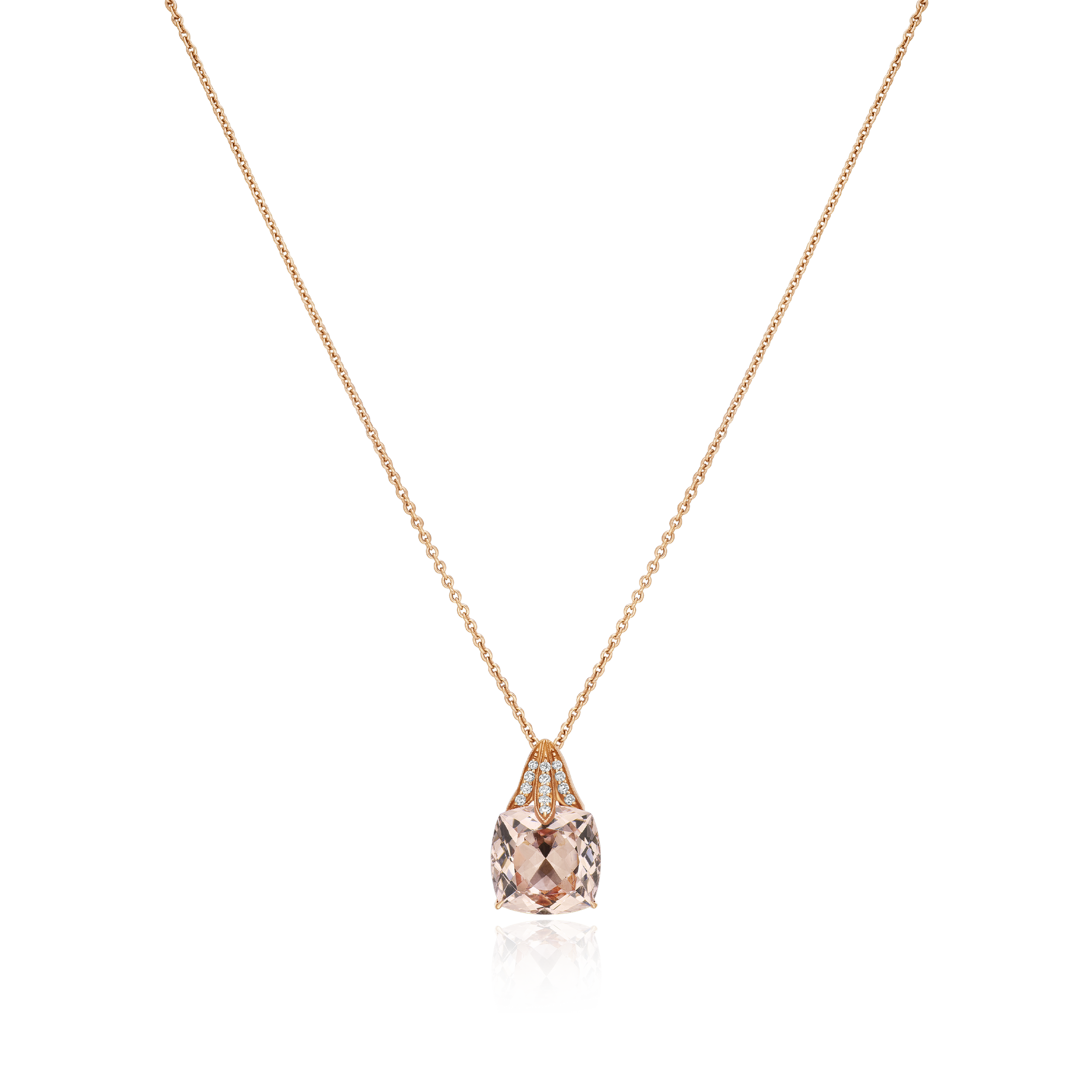 Necklace with a pink gemstone pendant on a white background