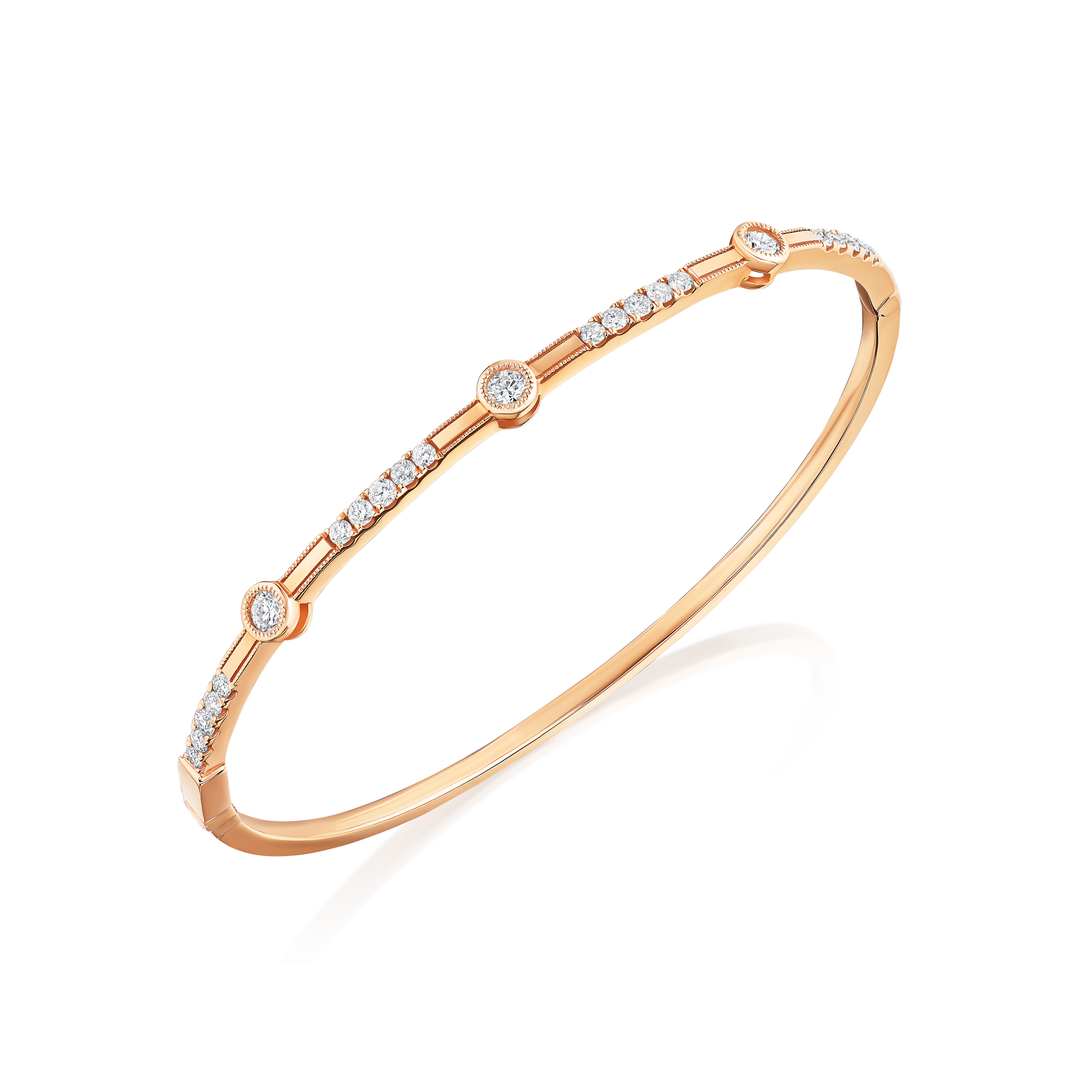 Rose gold bracelet with small diamonds on a white background
