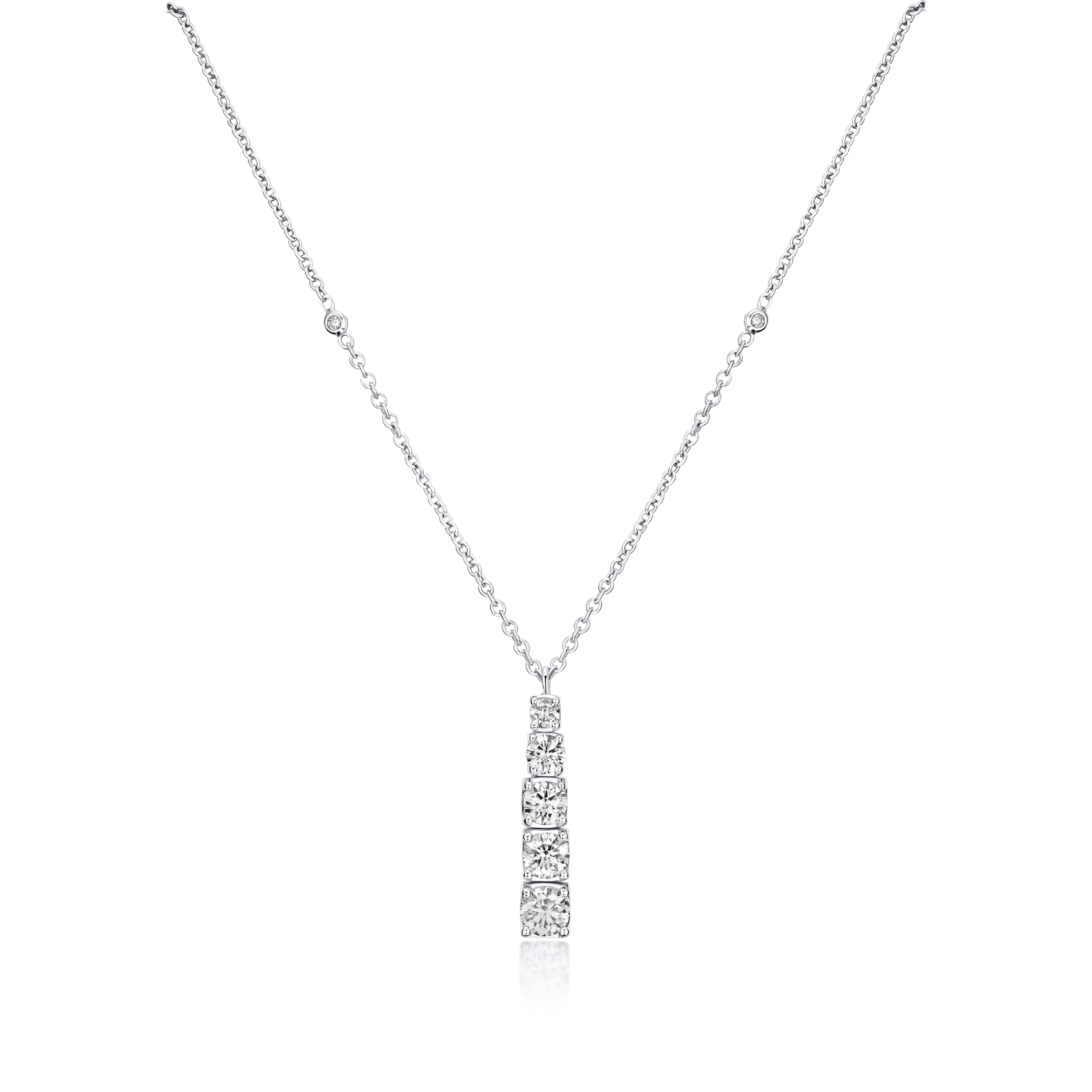 Silver necklace with a vertical diamond pendant on a white background