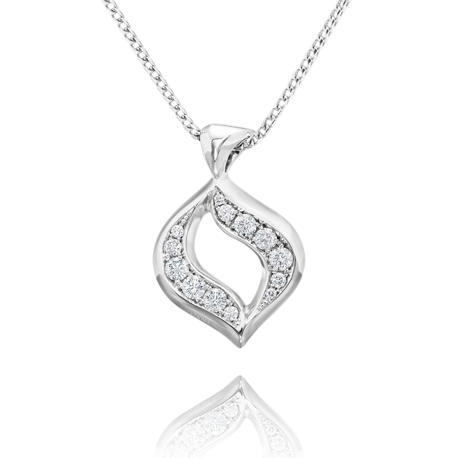 Silver pendant necklace with diamond accents on a white background