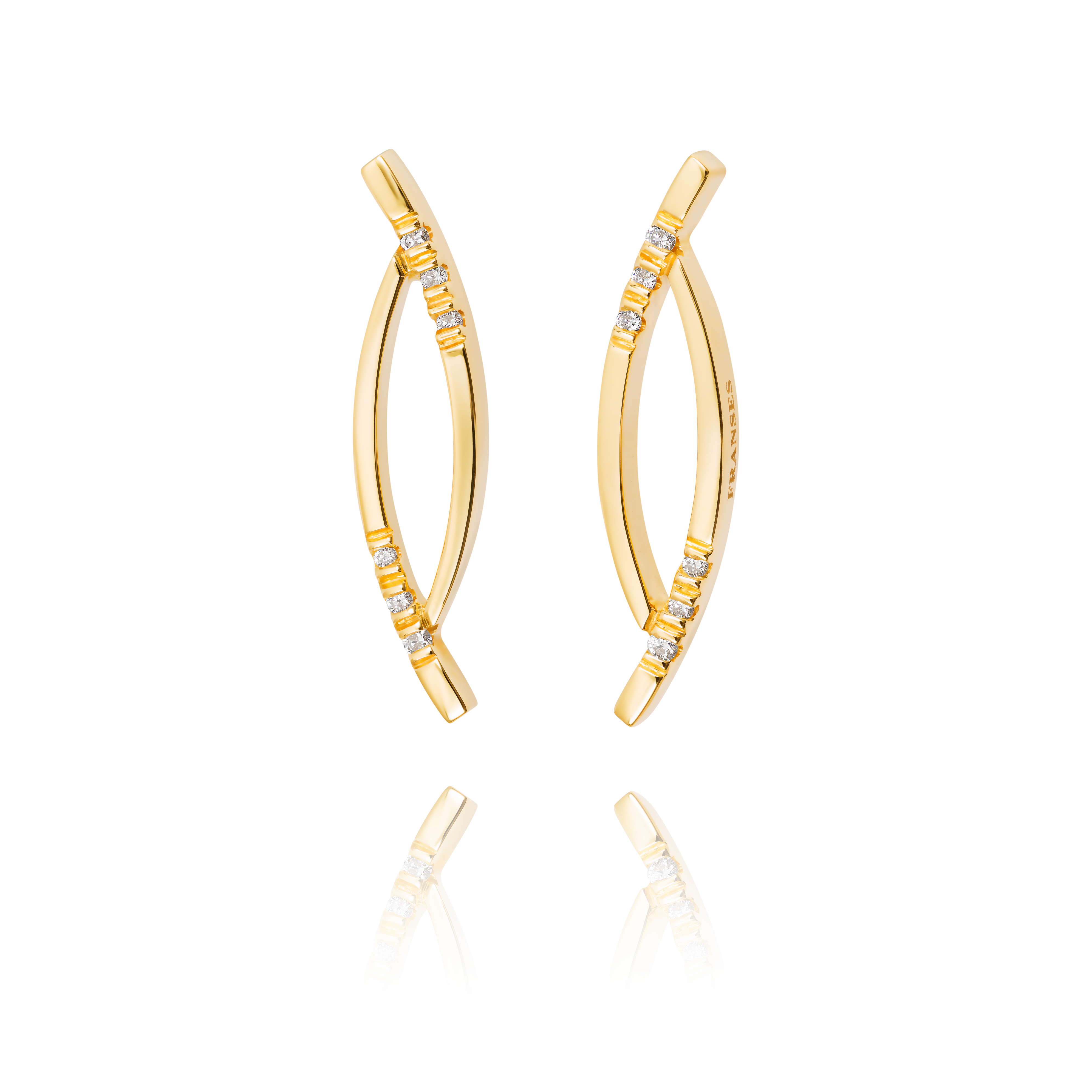 Gold earrings with small diamonds on a white background