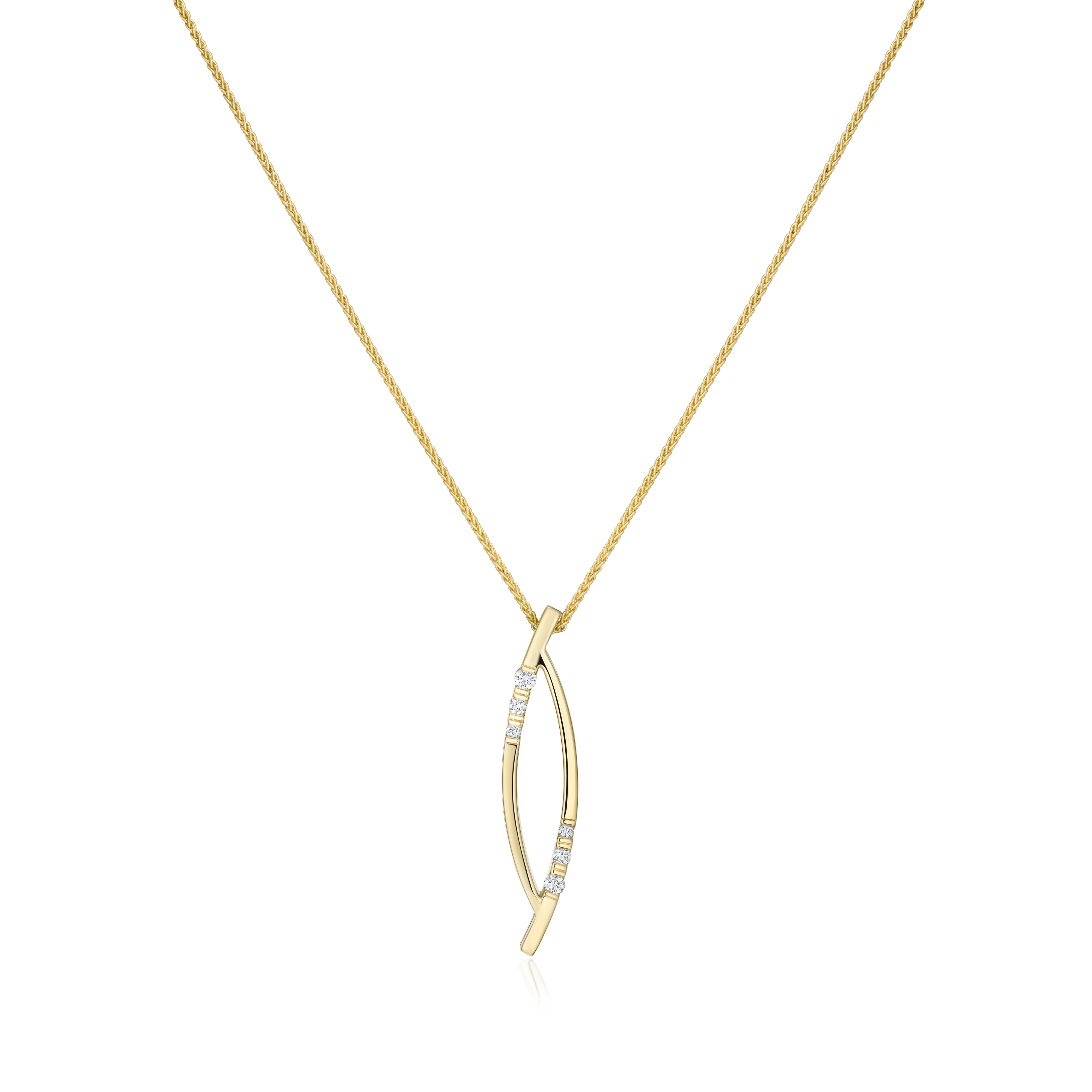 Gold necklace with a curved pendant on a white background