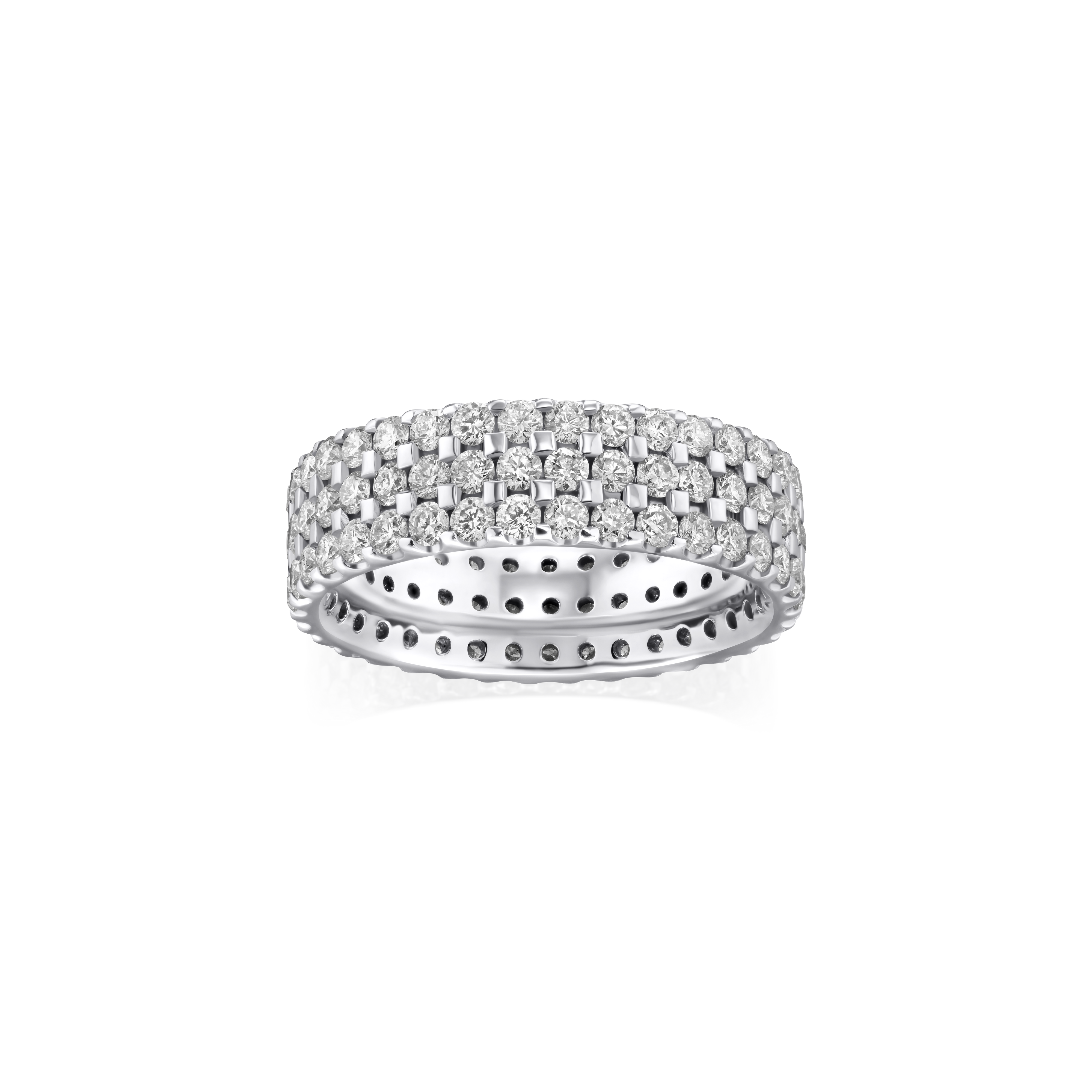 Silver ring with diamond accents on a white background