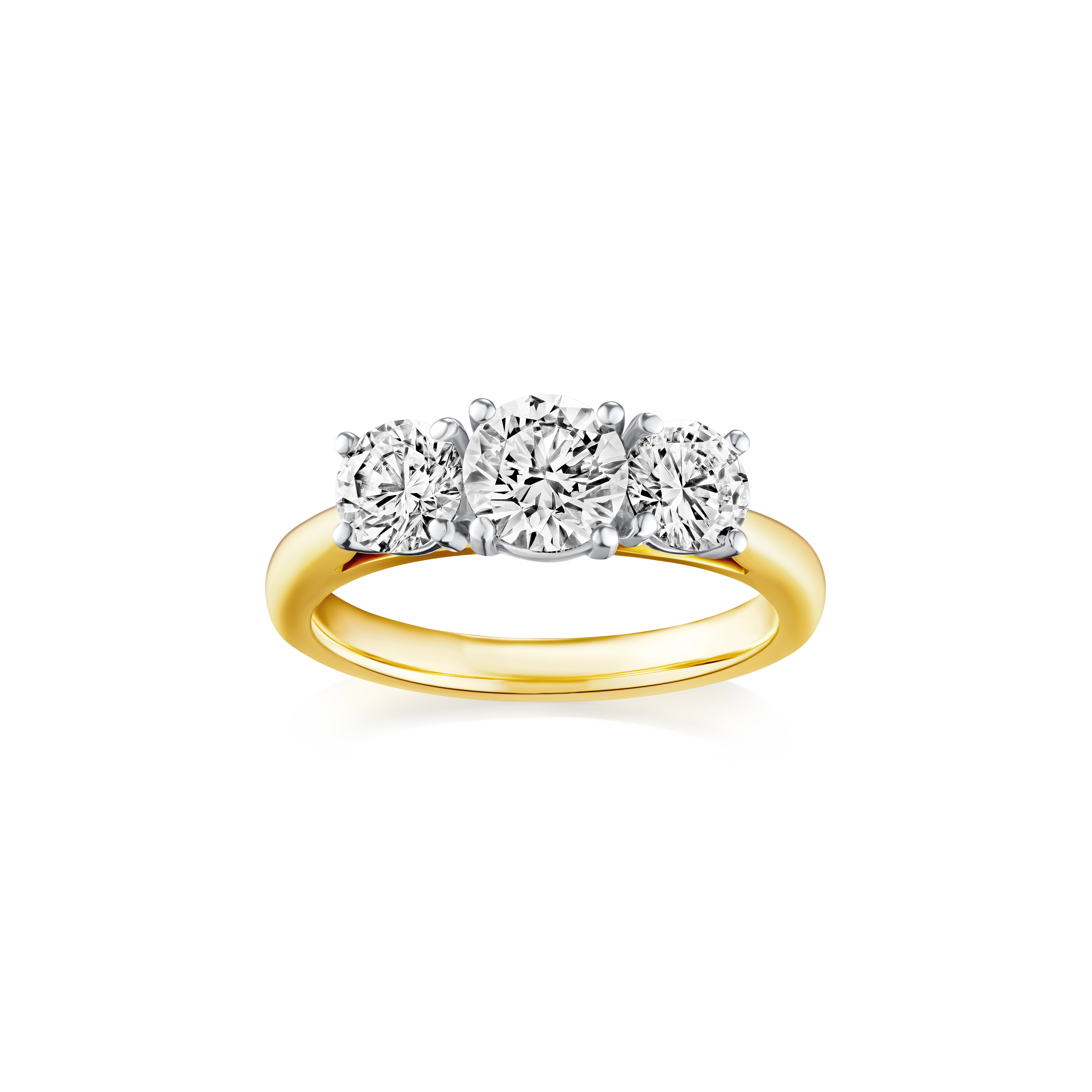 Gold ring with three diamonds on a white background