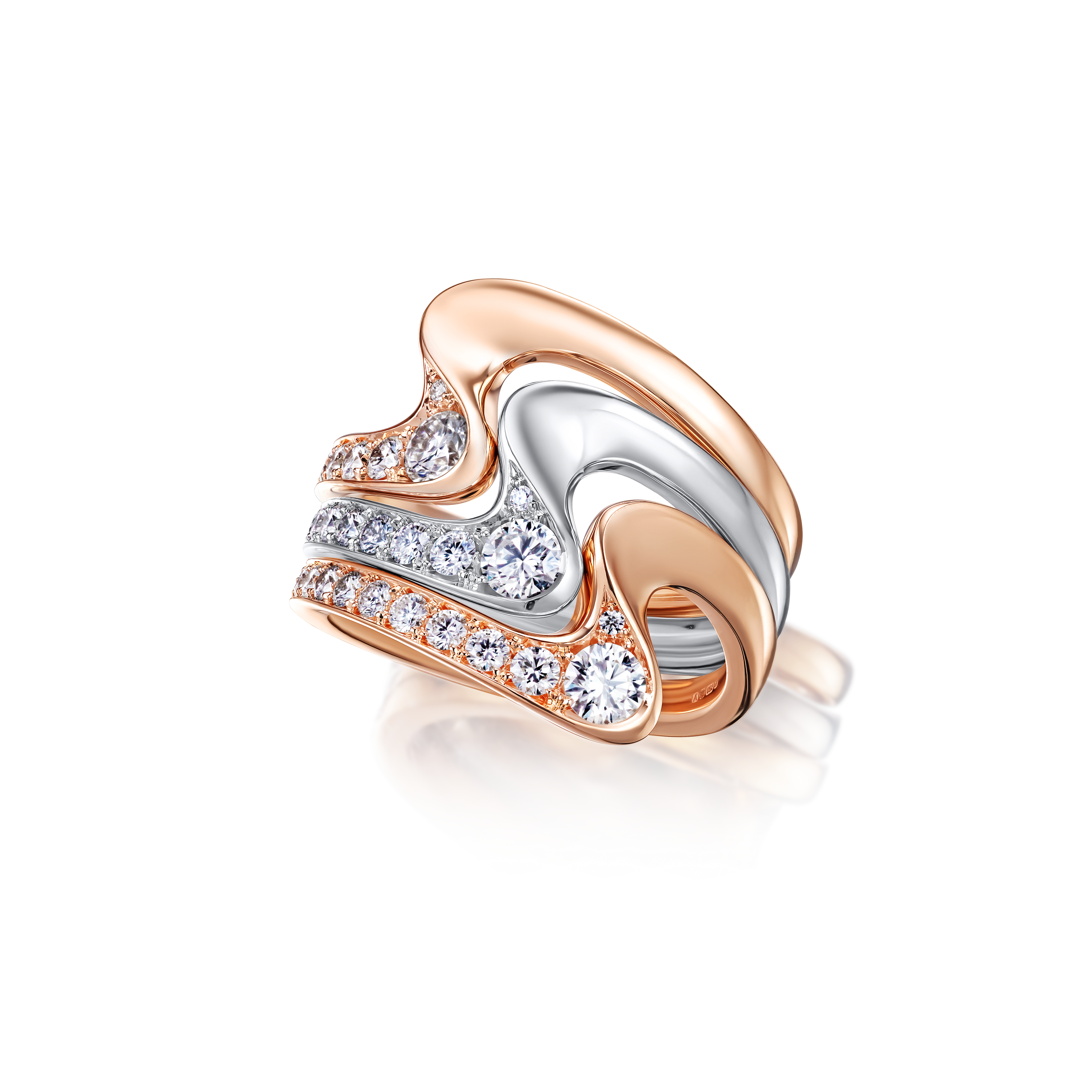 Two-tone heart-shaped ring with diamonds on a white background