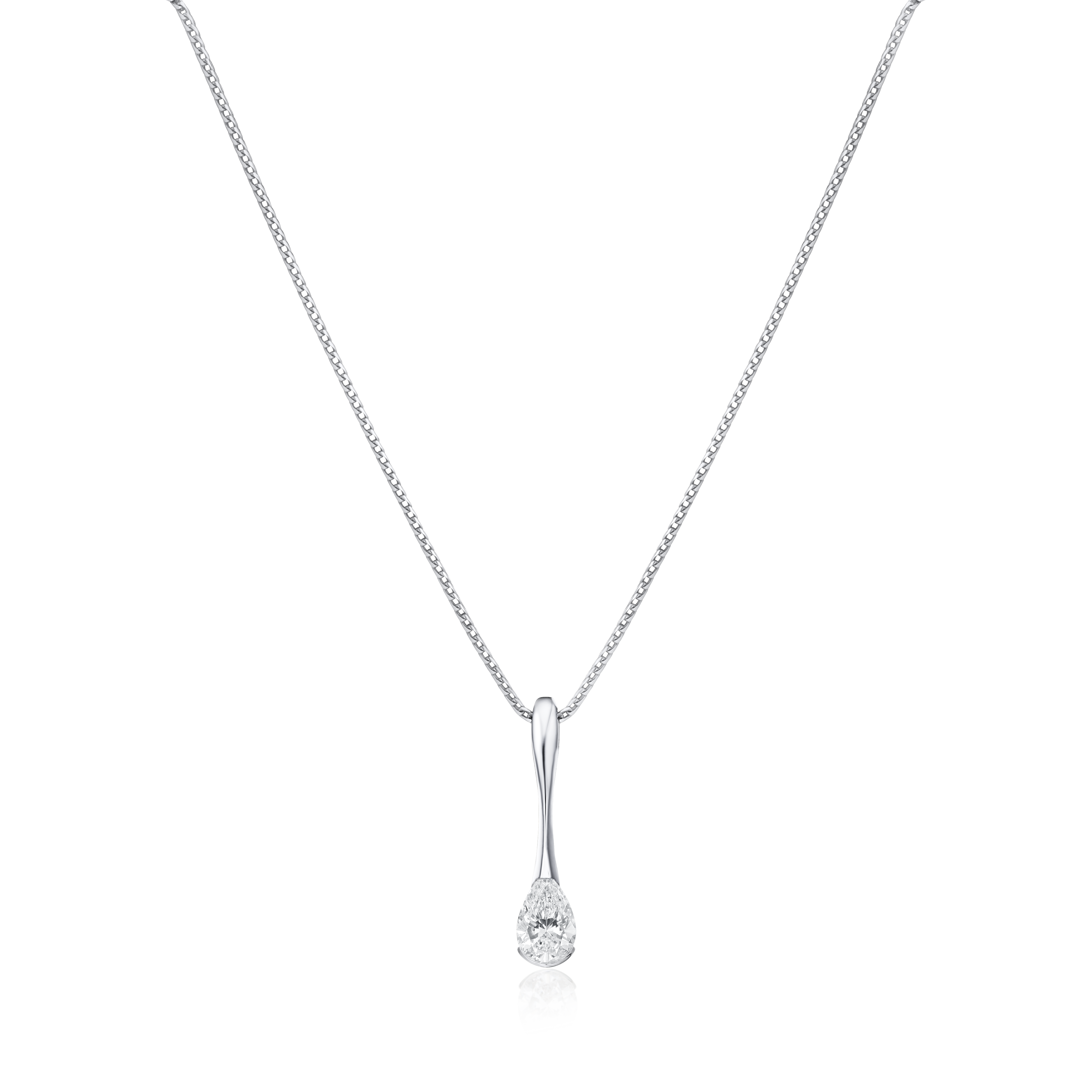 Silver necklace with a teardrop-shaped diamond pendant on a white background