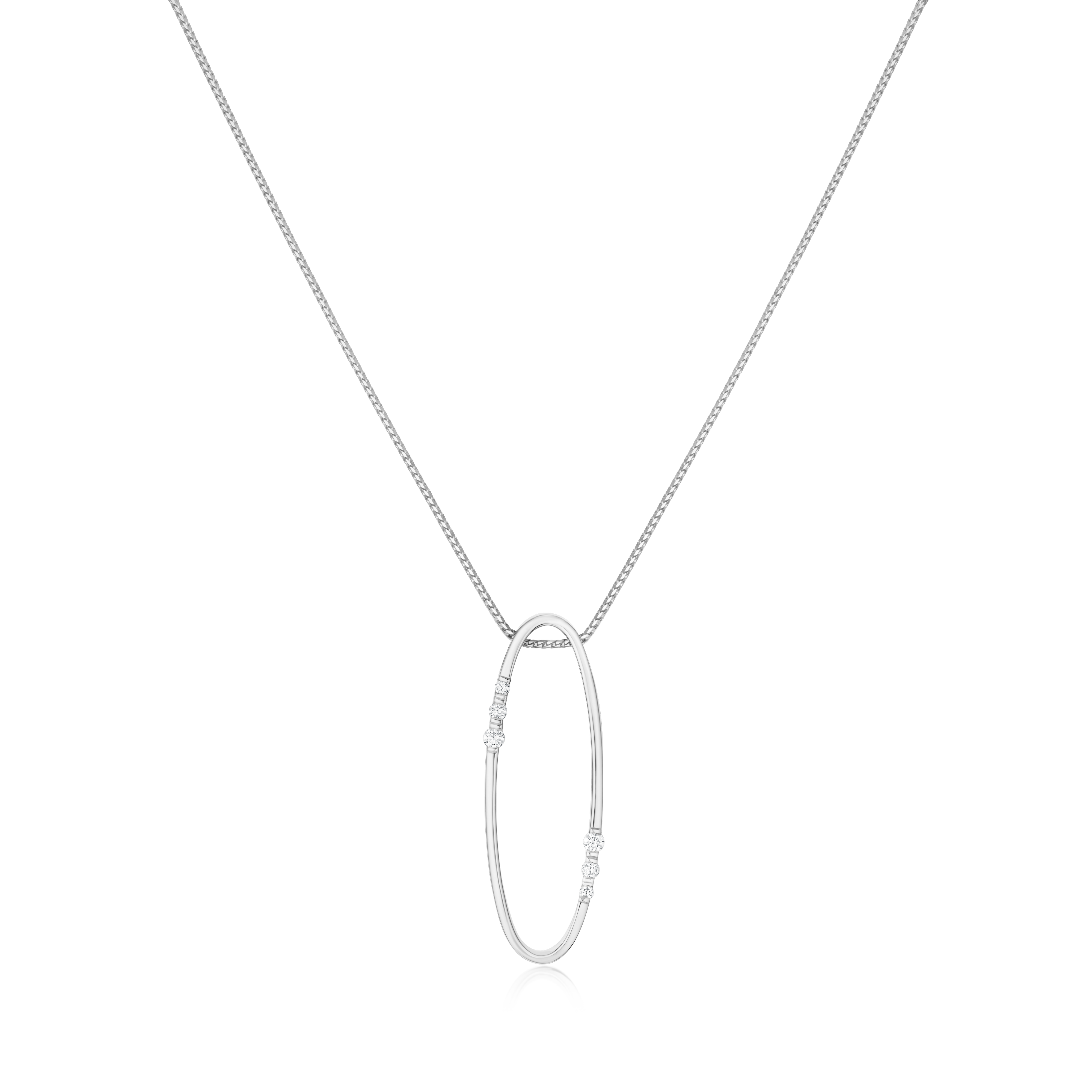 Silver necklace with an oval pendant on a white background
