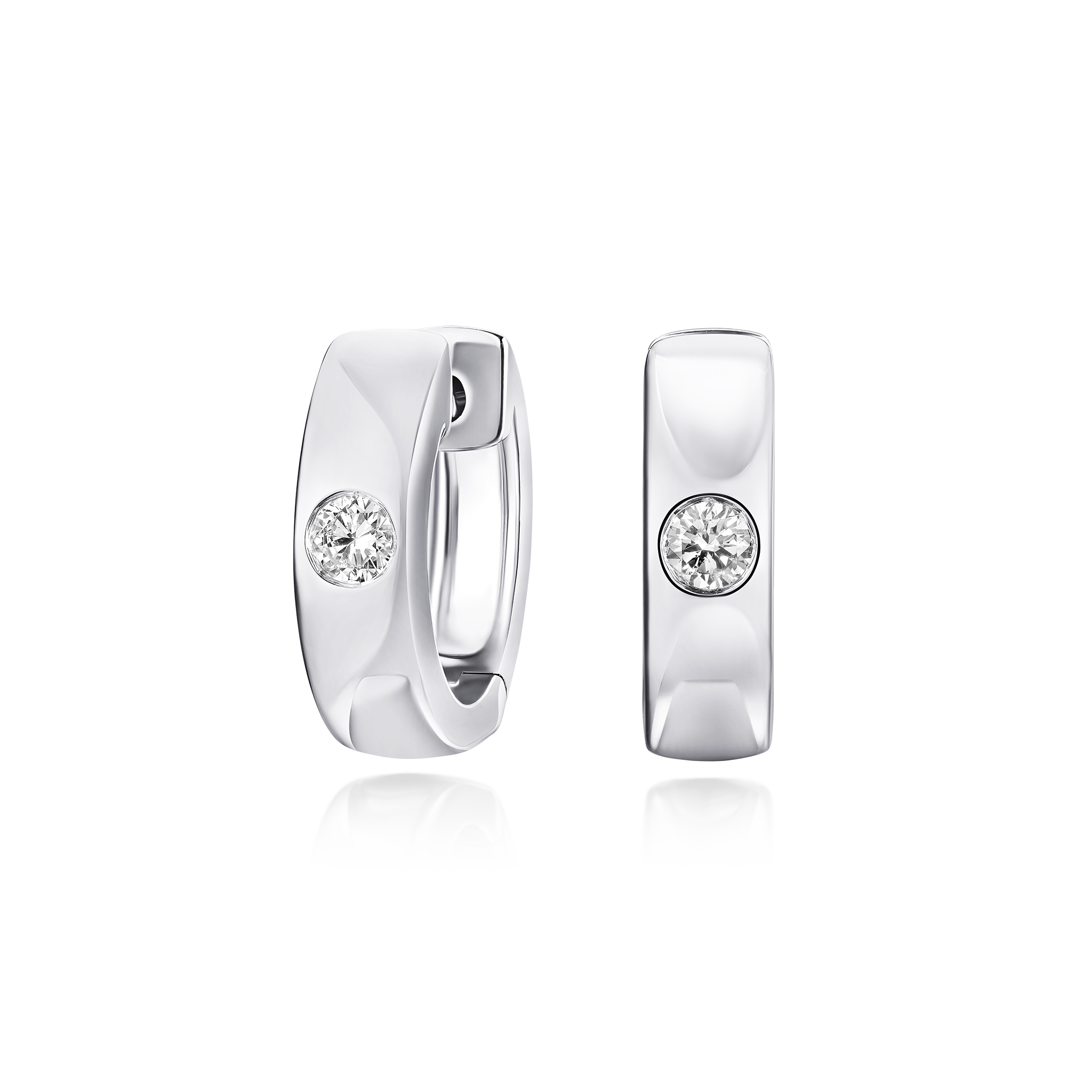 Pair of silver hoop earrings with clear gemstones on a white background