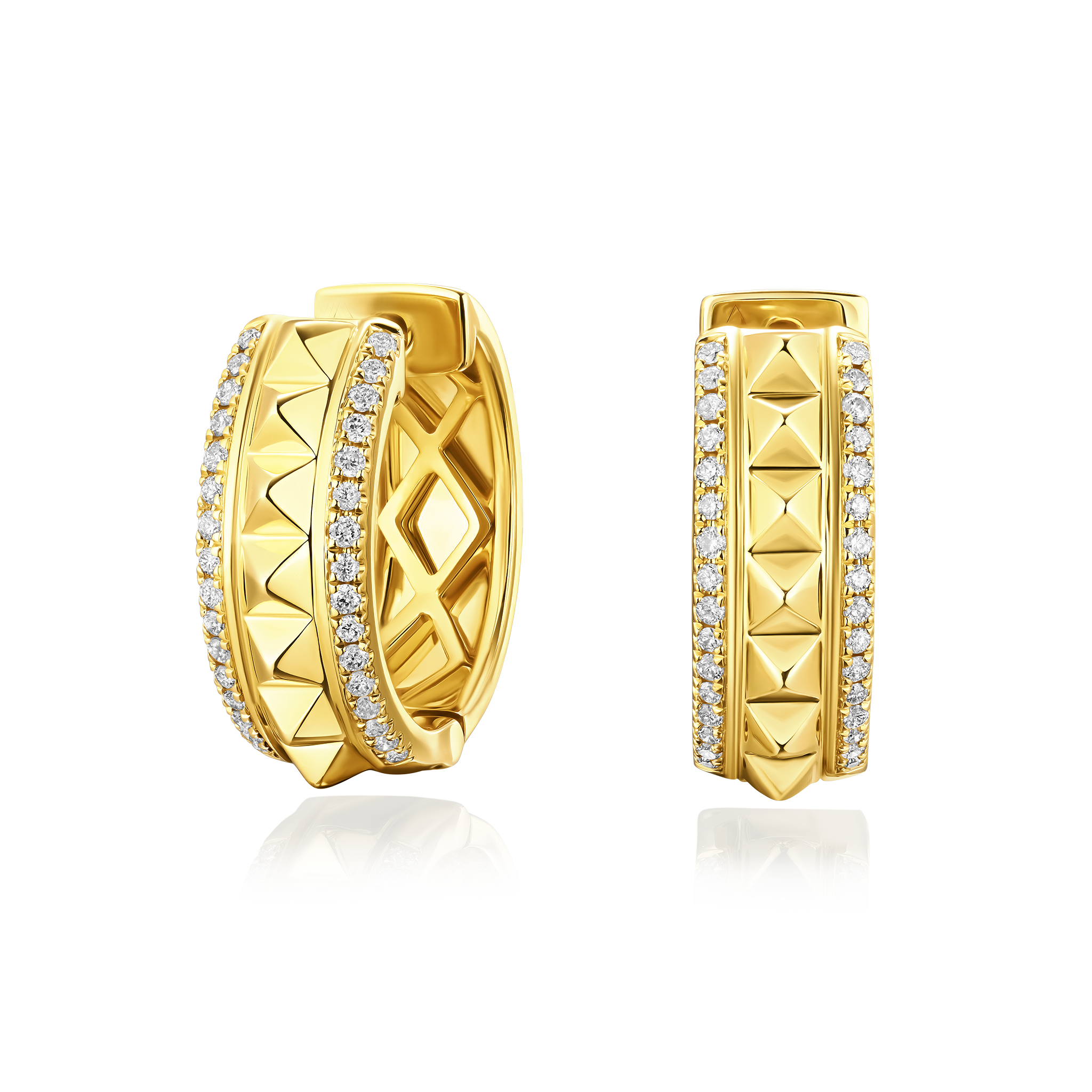 Gold hoop earrings with diamond accents on a white background