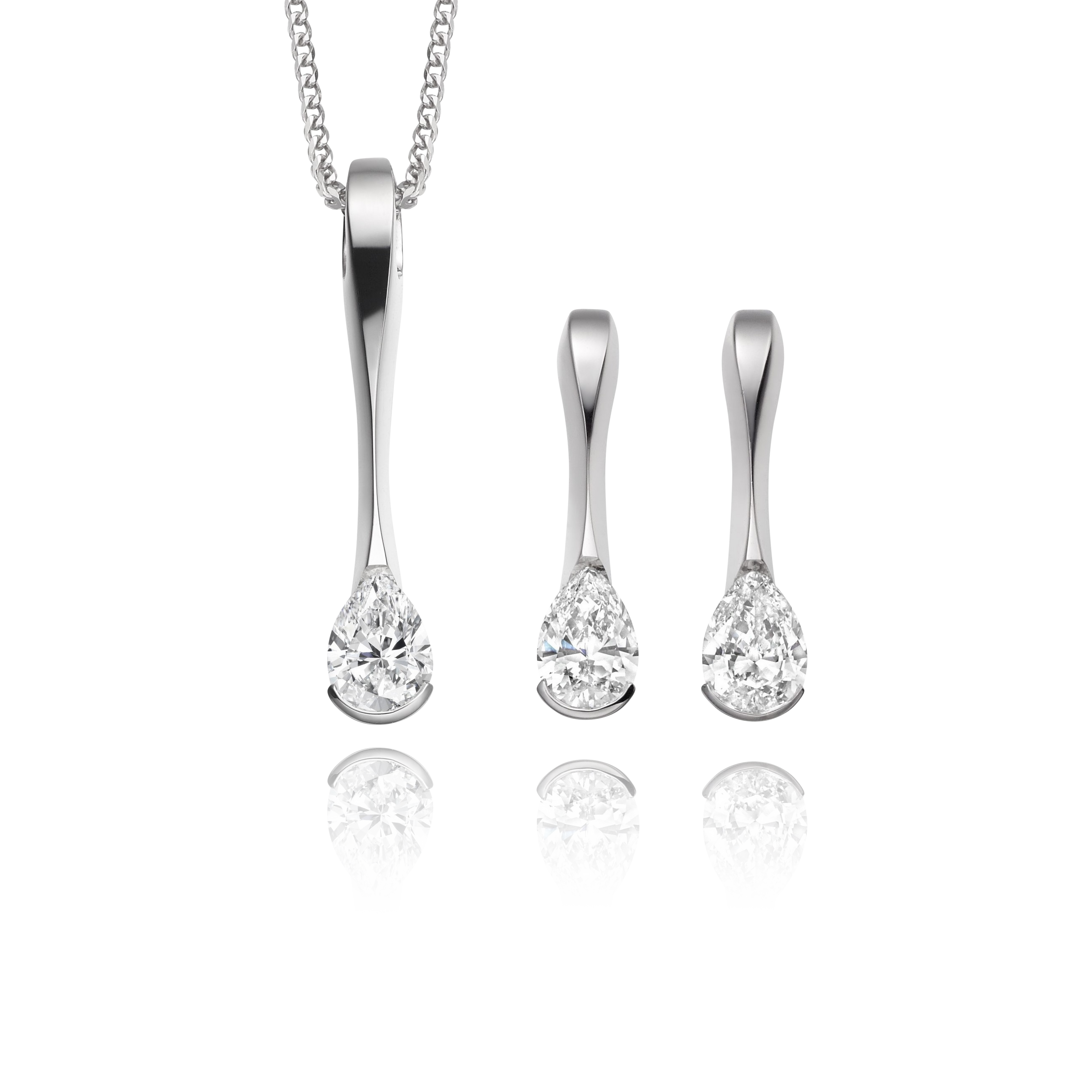 Diamond jewelry set with necklace and earrings on a white background