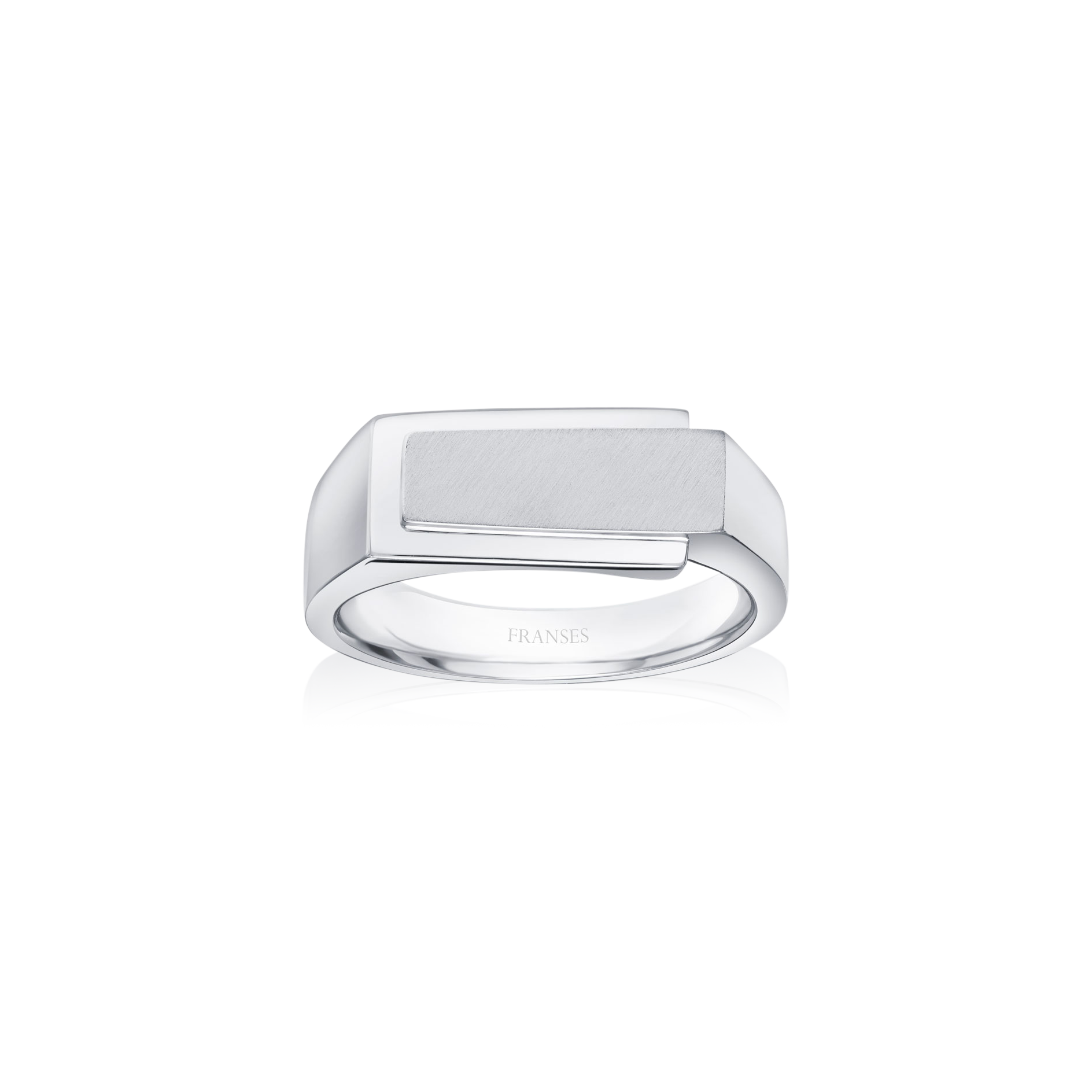 Silver ring with a rectangular design on a white background