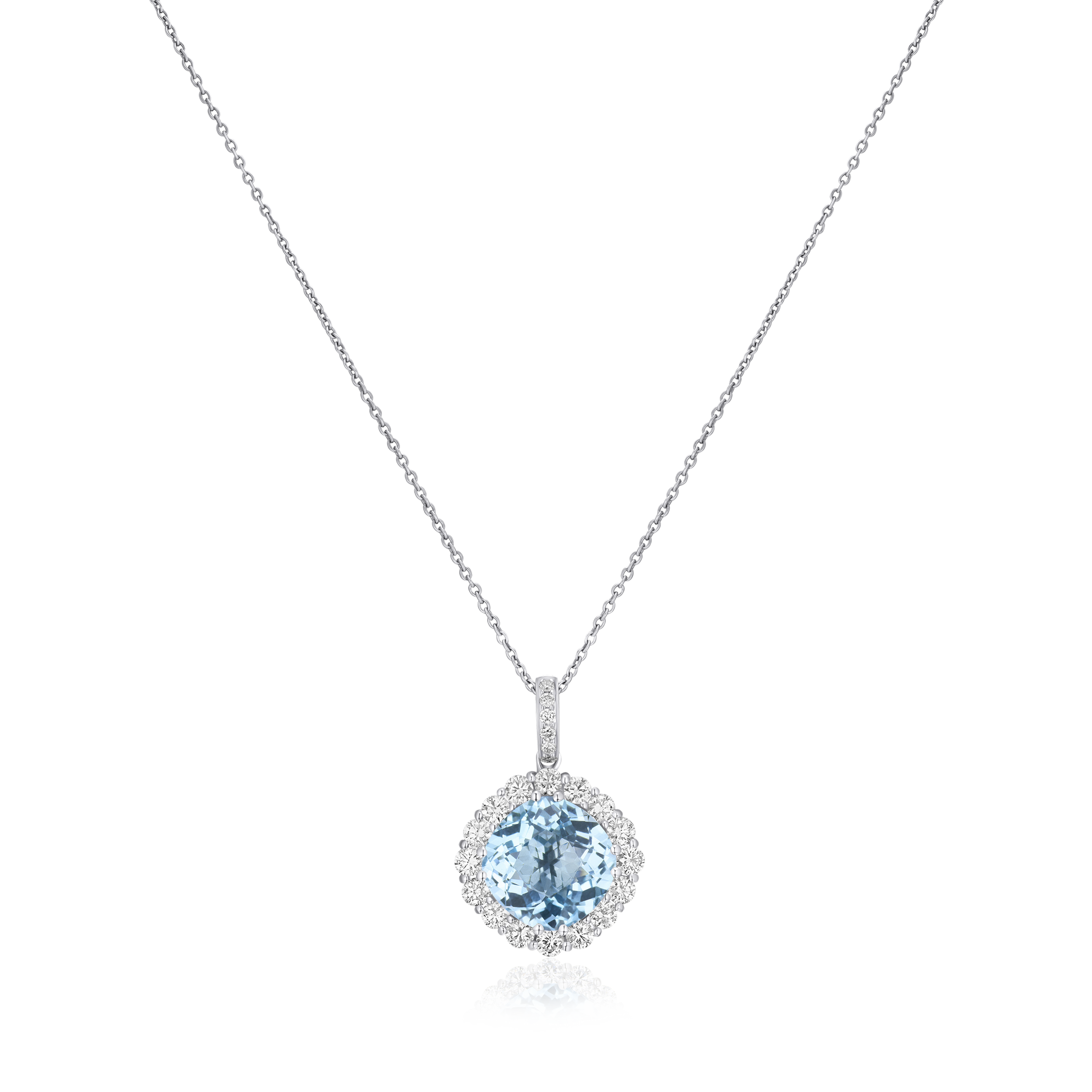 Necklace with a blue gemstone pendant on a white background