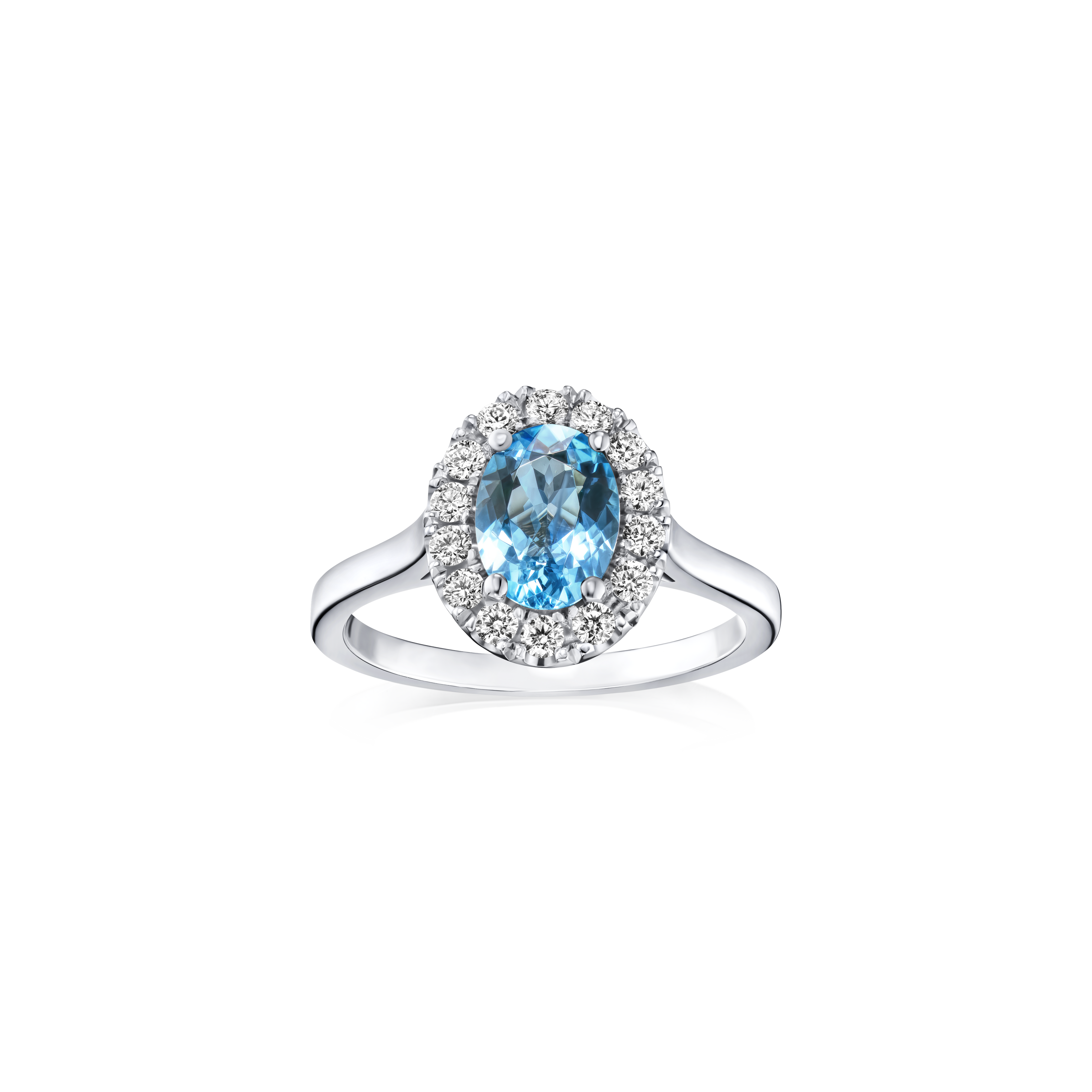 Silver ring with a blue gemstone on a white background