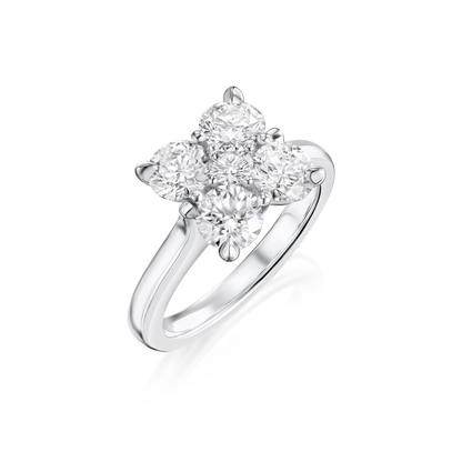 Diamond ring with a floral design on a white background