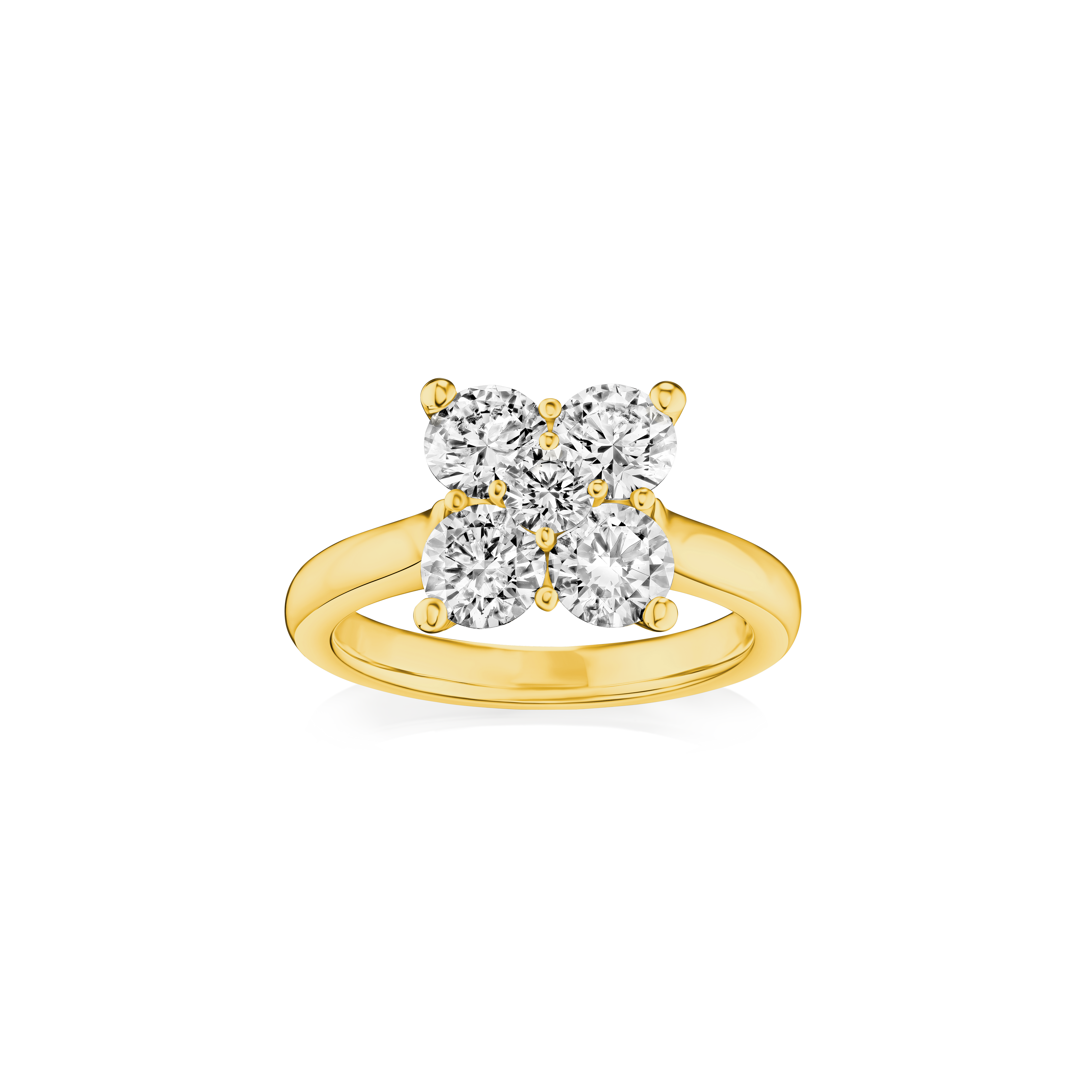 Gold ring with three diamonds on a white background