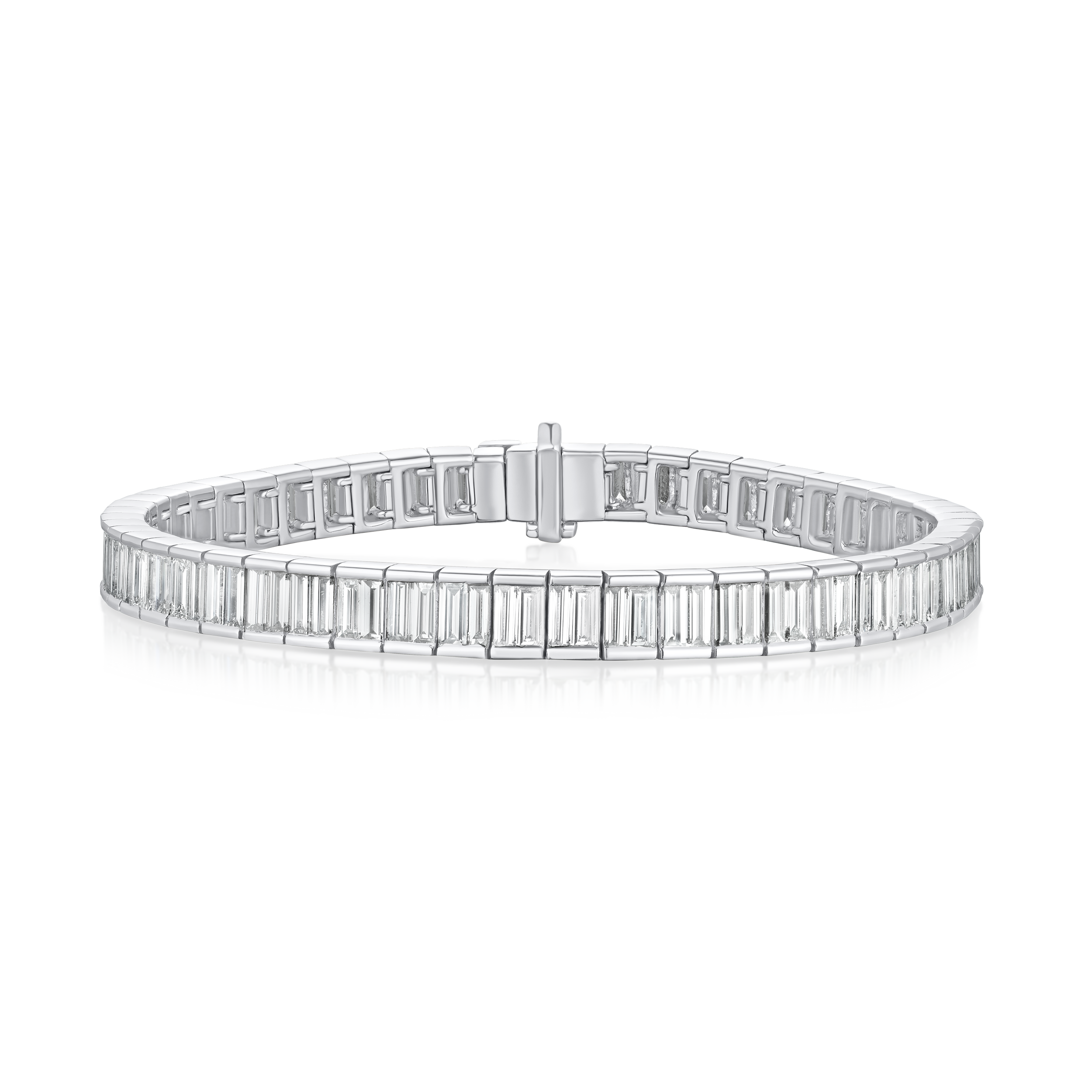 Silver bracelet with baguette-cut diamonds on a white background
