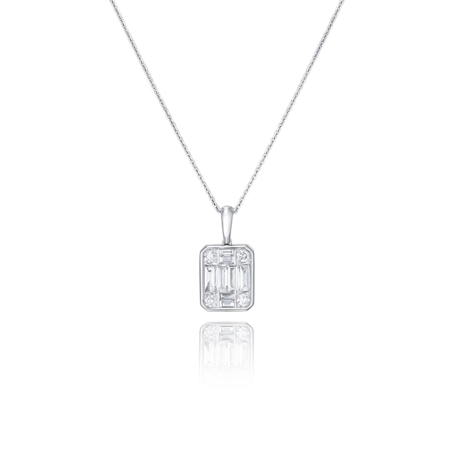 Silver pendant necklace with a rectangular gemstone on a white background