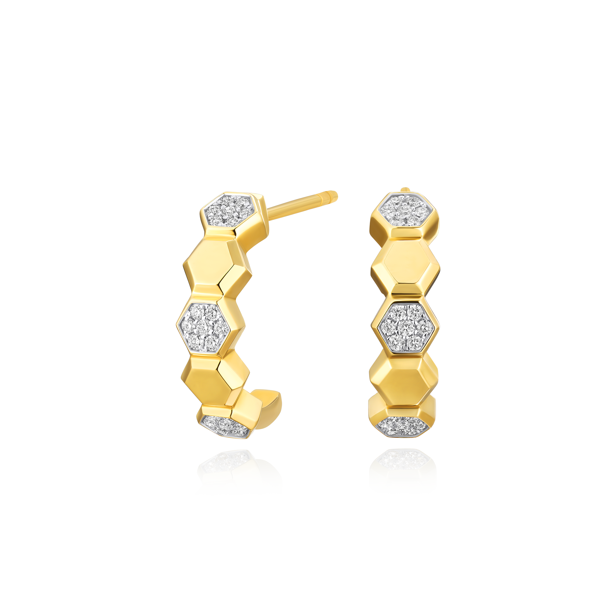 Gold hexagonal earrings with diamond accents on a white background