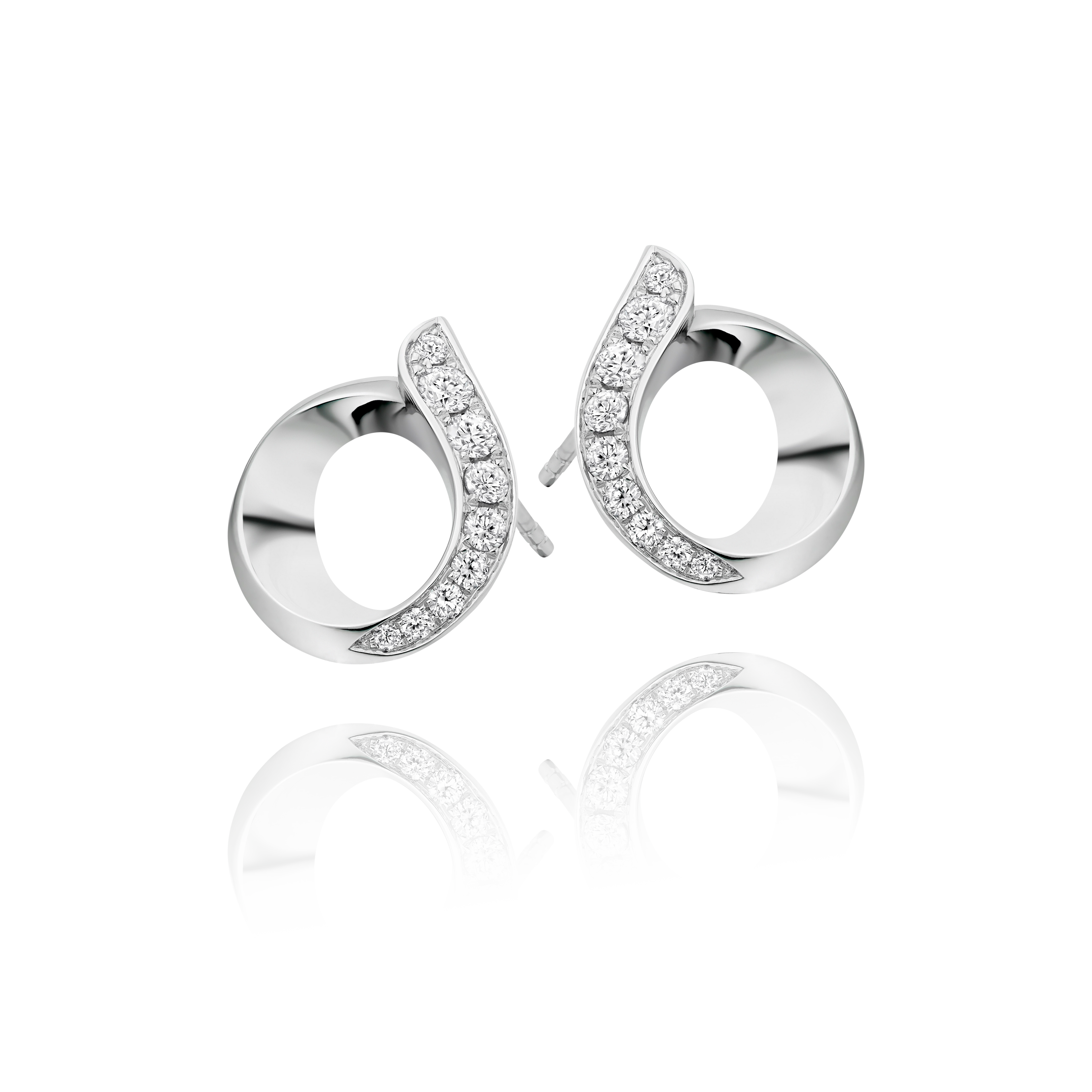 Pair of silver hoop earrings with small diamonds on a white background