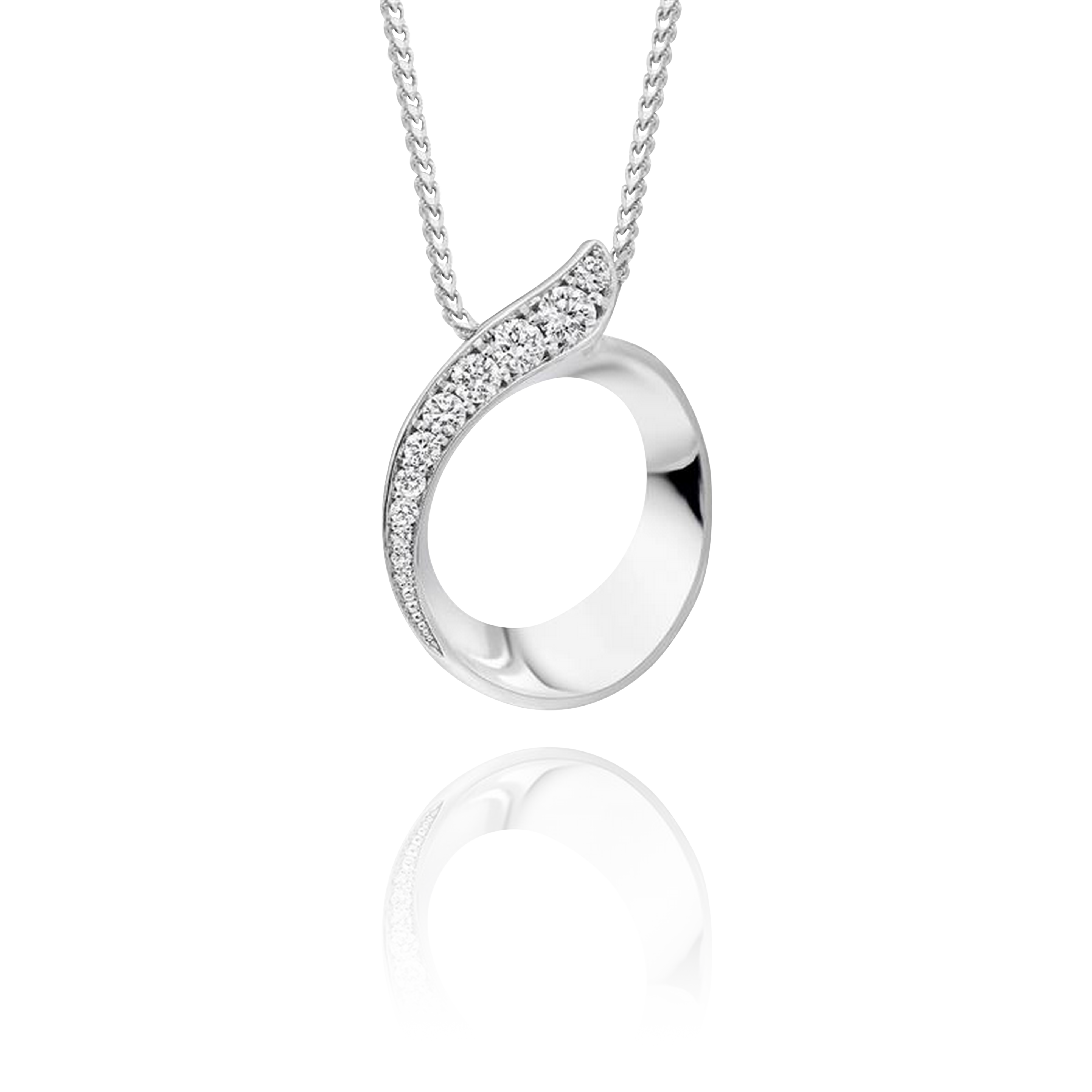 Silver necklace with a circular pendant on a white background
