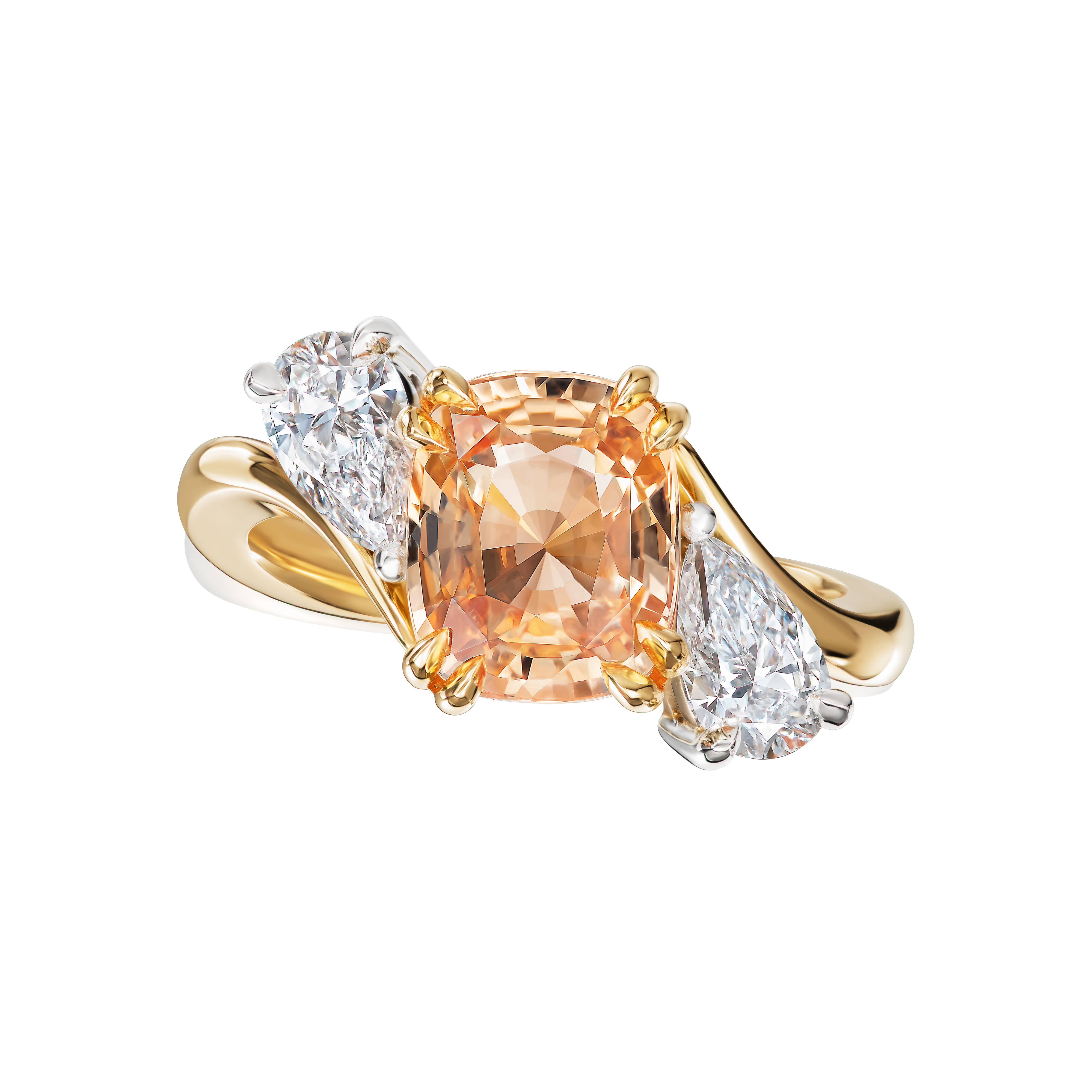 Gold ring with a large orange gemstone and smaller diamond gemstones on a white background