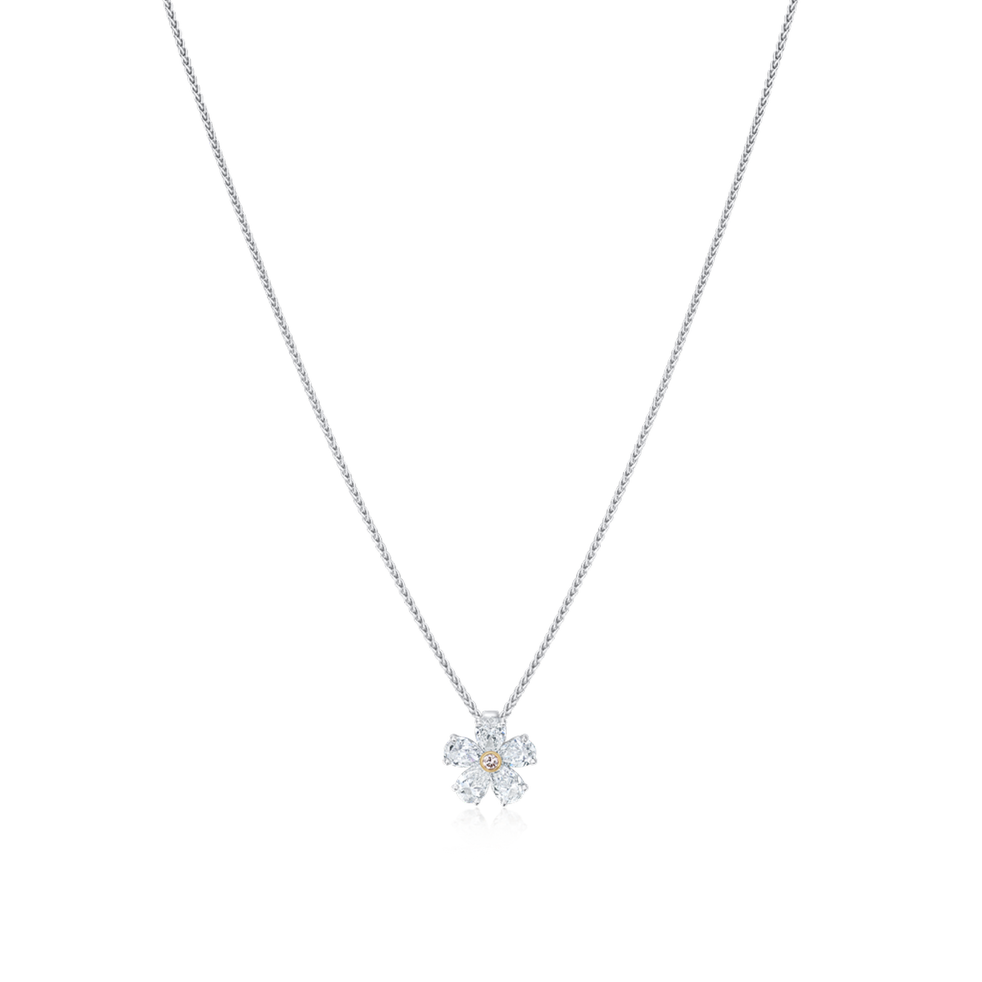 Silver necklace with a flower-shaped pendant on a white background