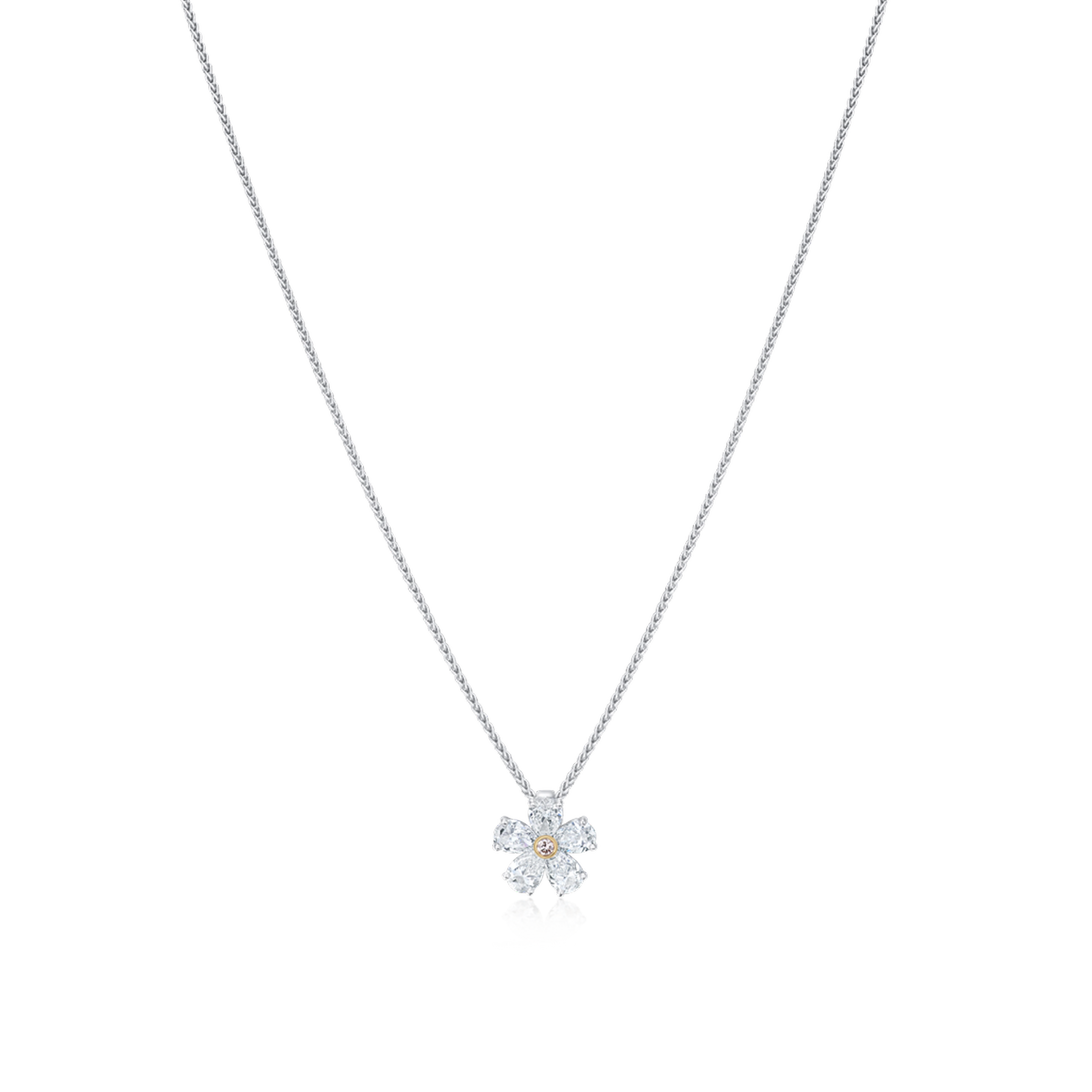 Flower-shaped pendant necklace on a white background